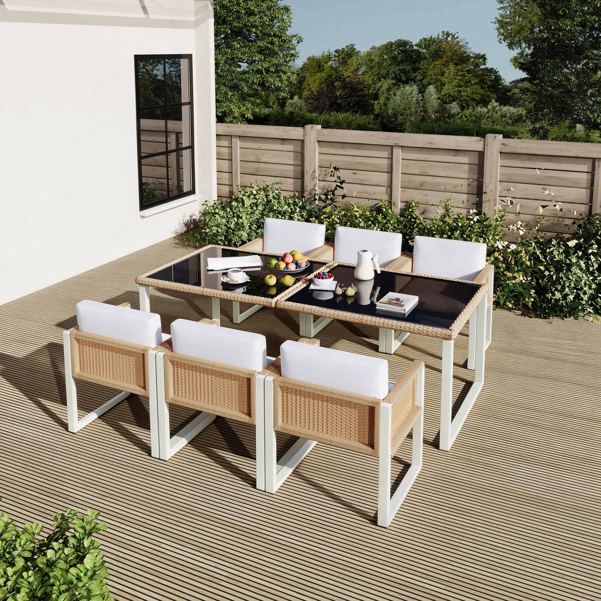 Set mobilier jardin 6 places avec table verre Acacia et Rattan - PANGIVO - Image 7