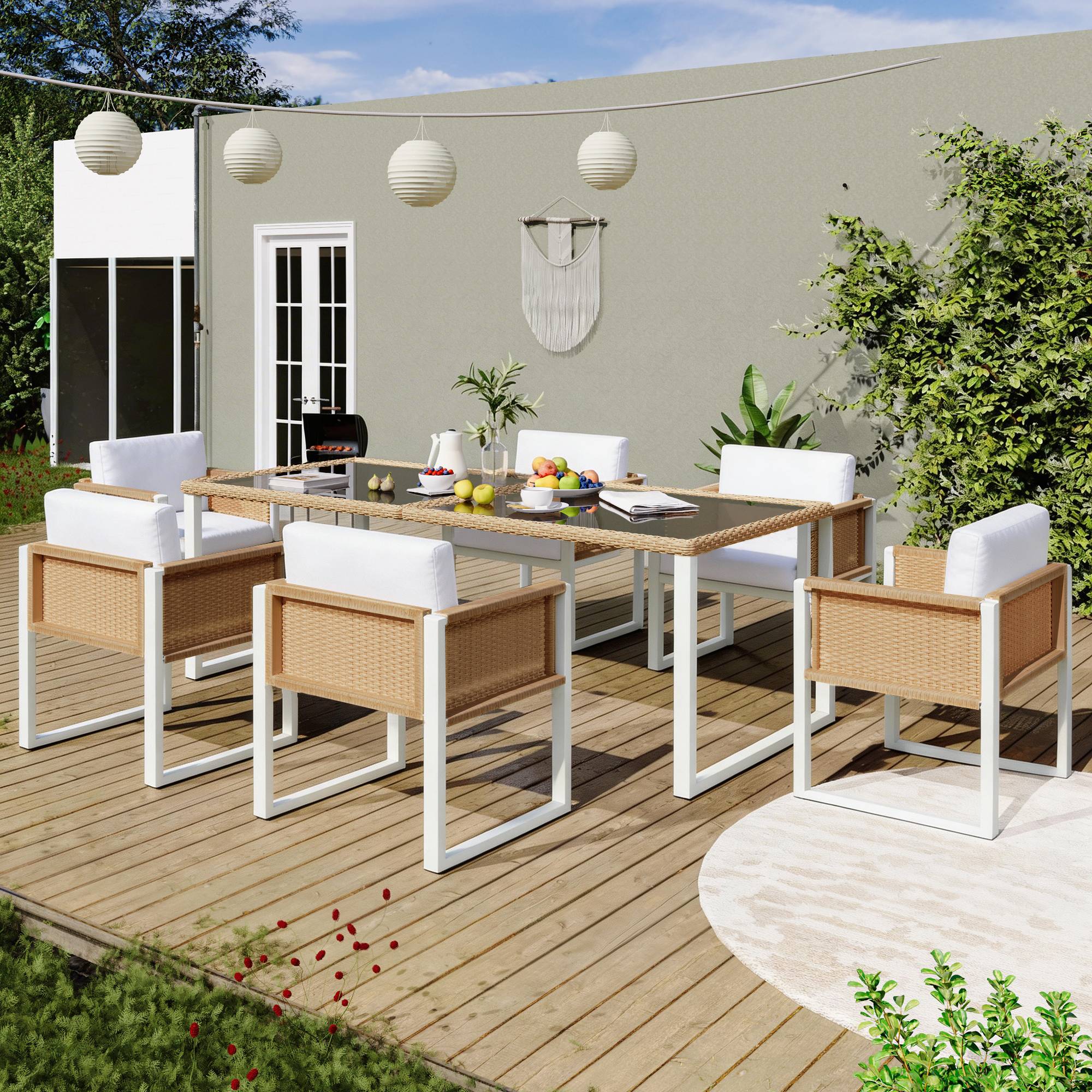 Set mobilier jardin 6 places avec table verre Acacia et Rattan - PANGIVO - Image 5