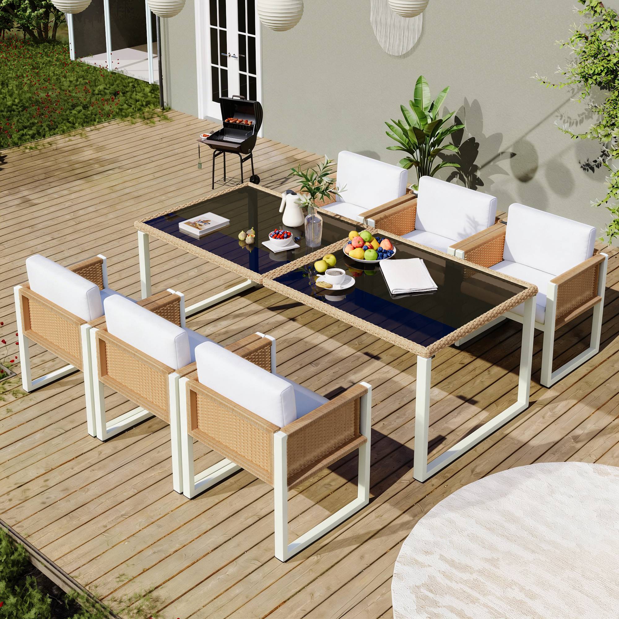 Set mobilier jardin 6 places avec table verre Acacia et Rattan - PANGIVO - Image 2