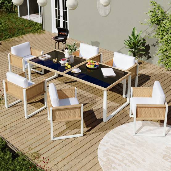 Set mobilier jardin 6 places avec table verre Acacia et Rattan - PANGIVO - Image 1
