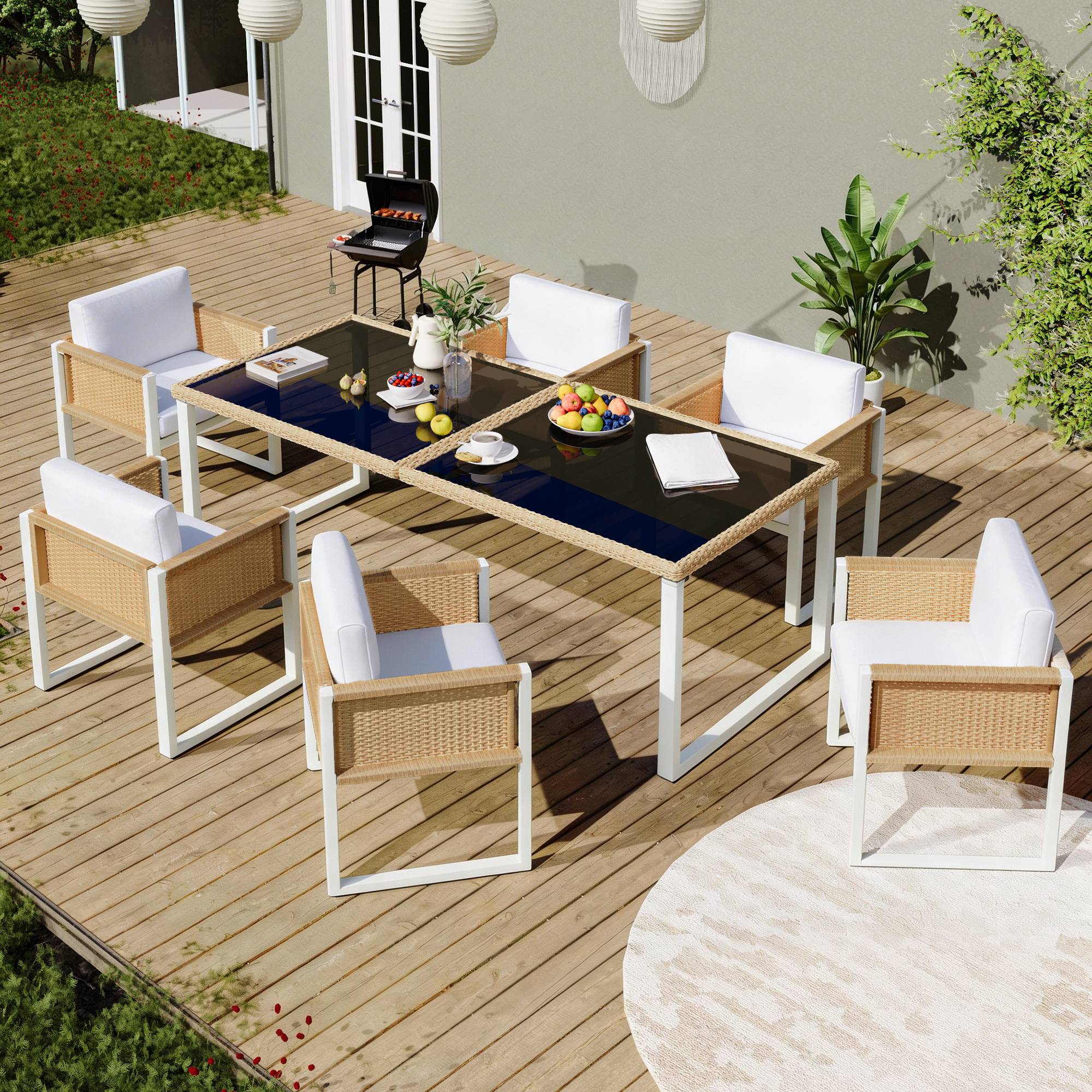 Set mobilier jardin 6 places avec table verre Acacia et Rattan - PANGIVO - Image 1