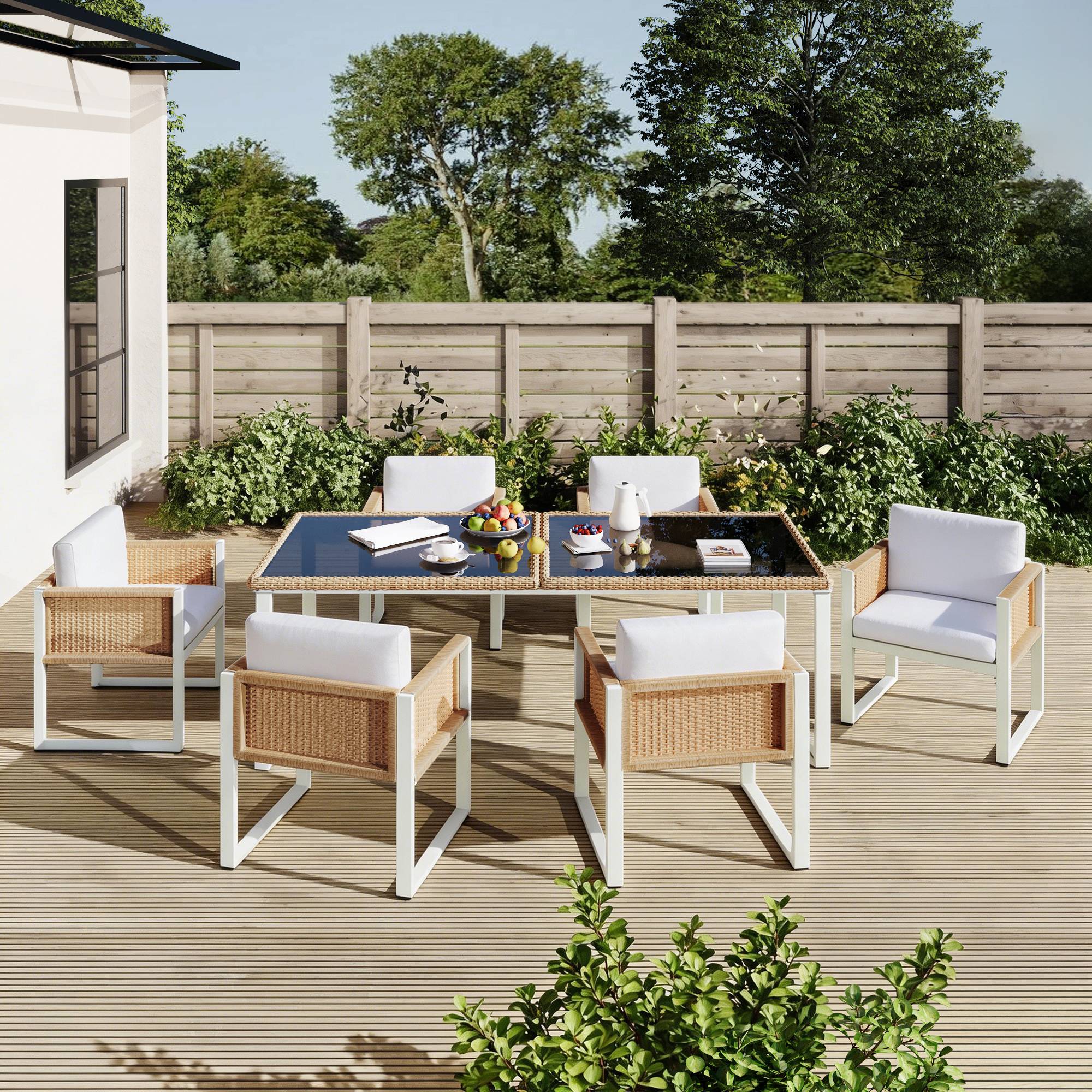 Set mobilier jardin 6 places avec table verre Acacia et Rattan - PANGIVO - Image 9