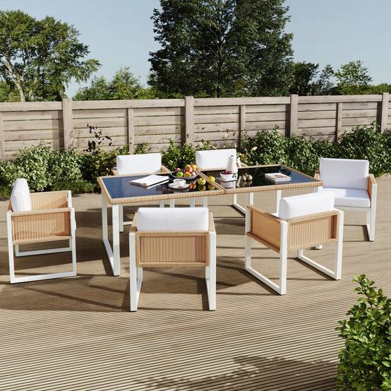 Set mobilier jardin 6 places avec table verre Acacia et Rattan - PANGIVO - Image 10