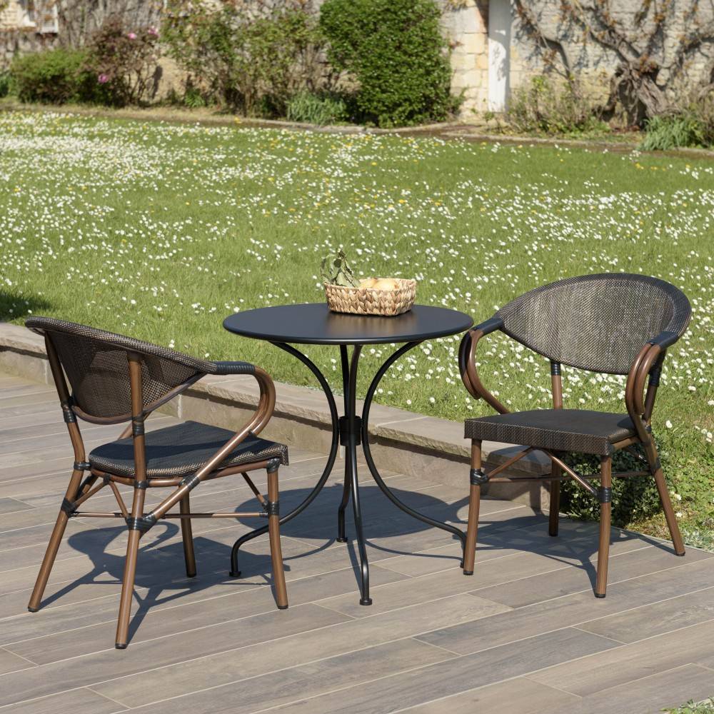 Macabane - VIANNEY - Ensemble de jardin en acier - table diam 70 2 chaises marron - Imagen 3