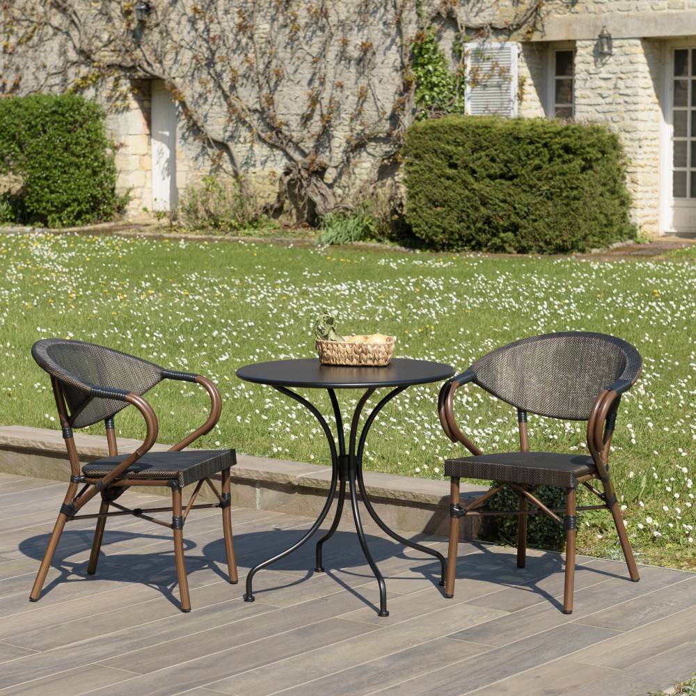 Macabane - VIANNEY - Ensemble de jardin en acier - table diam 70 2 chaises marron - Imagen 2