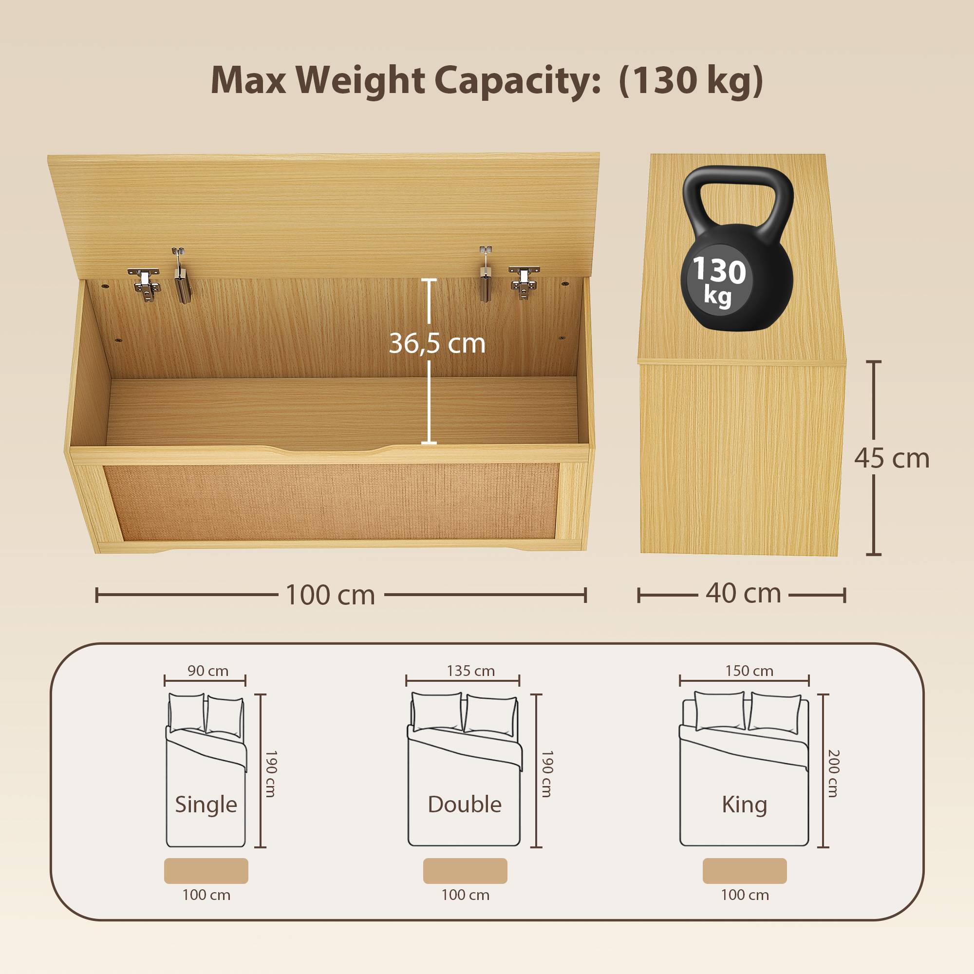 Coffre de Rangement en Rotin 136L, Banc Coffre avec Couvercle Relevable et 2 Charnières de Sécurité, Chêne - Image 5