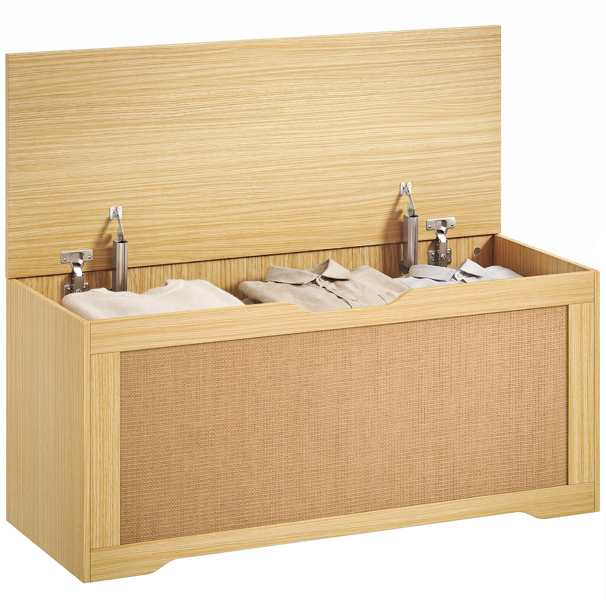 Coffre de Rangement en Rotin 136L, Banc Coffre avec Couvercle Relevable et 2 Charnières de Sécurité, Chêne - Image 1