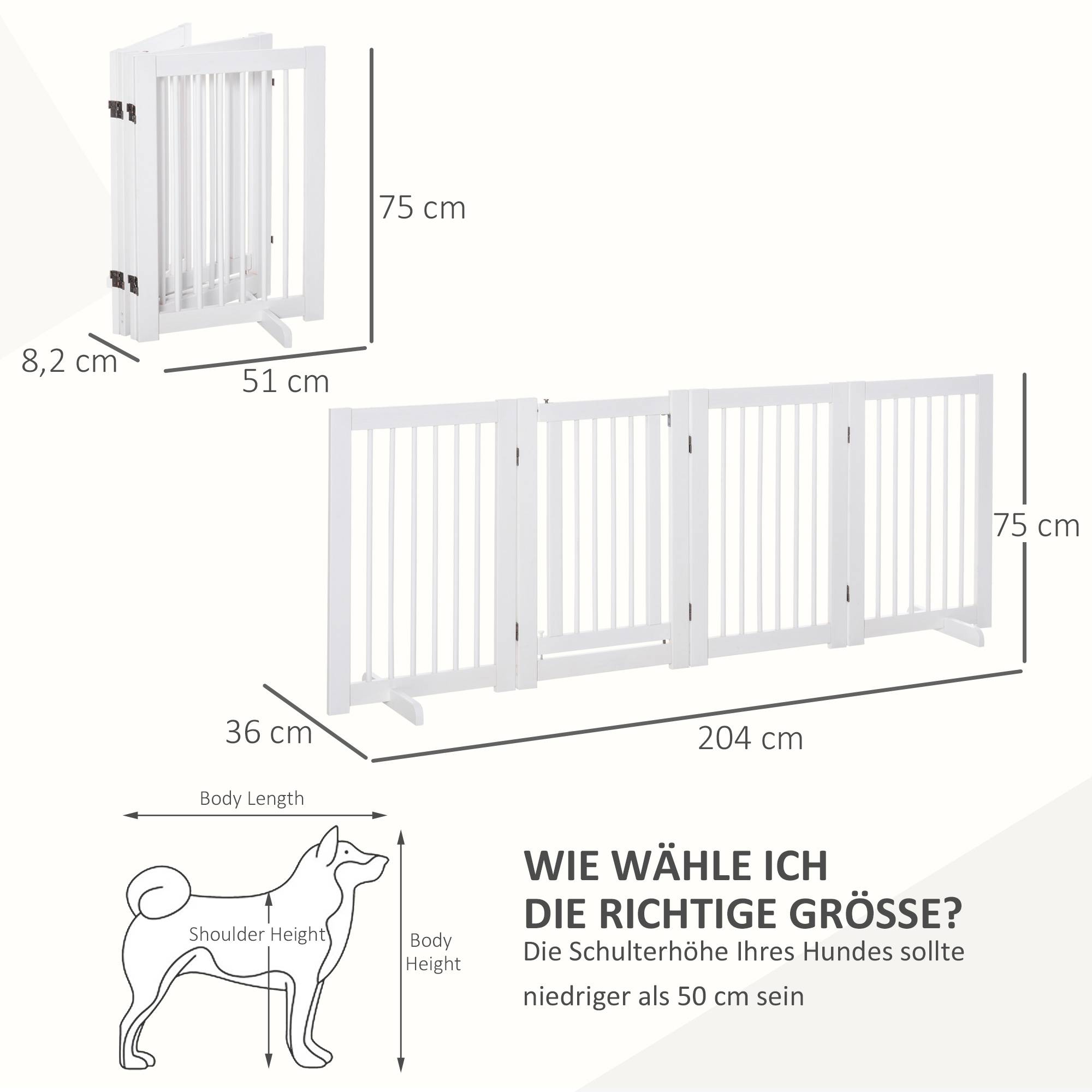 Barrière pour chien autoportante avec pieds 204 x 75 cm, bois, escaliers, portes, cuisine, 4 panneaux, blanc - Image 5