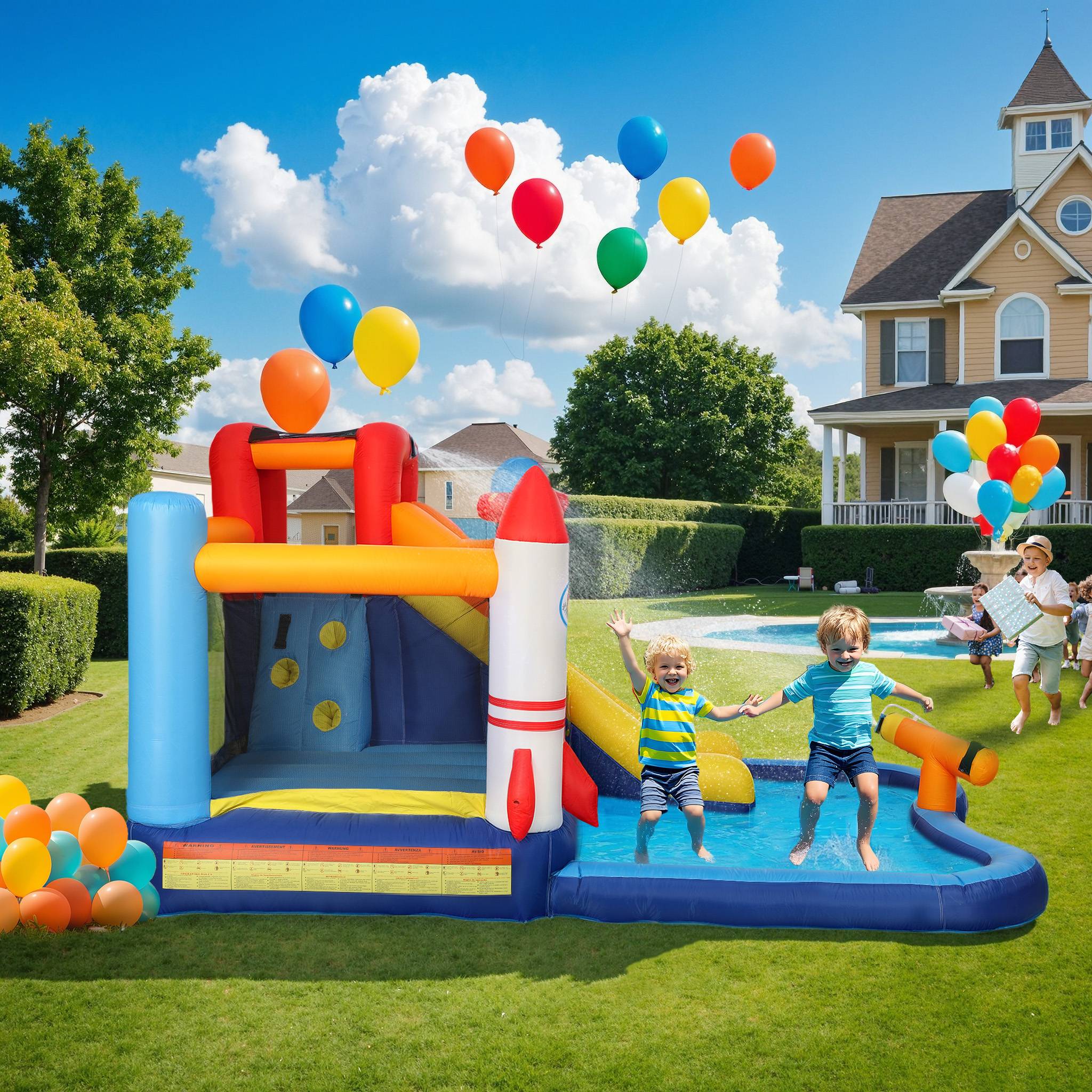 Château gonflable 5-en-1 toboggan pataugeoire canon à eau gonfleur 550W et sac de transport jeu aquatique - Image 4
