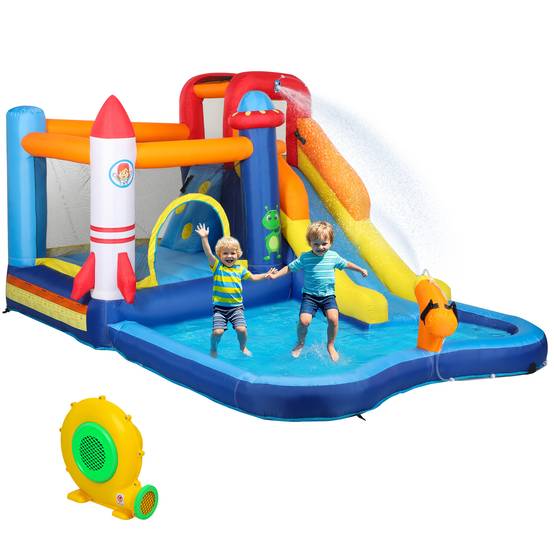 Château gonflable 5-en-1 toboggan pataugeoire canon à eau gonfleur 550W et sac de transport jeu aquatique - Image 1