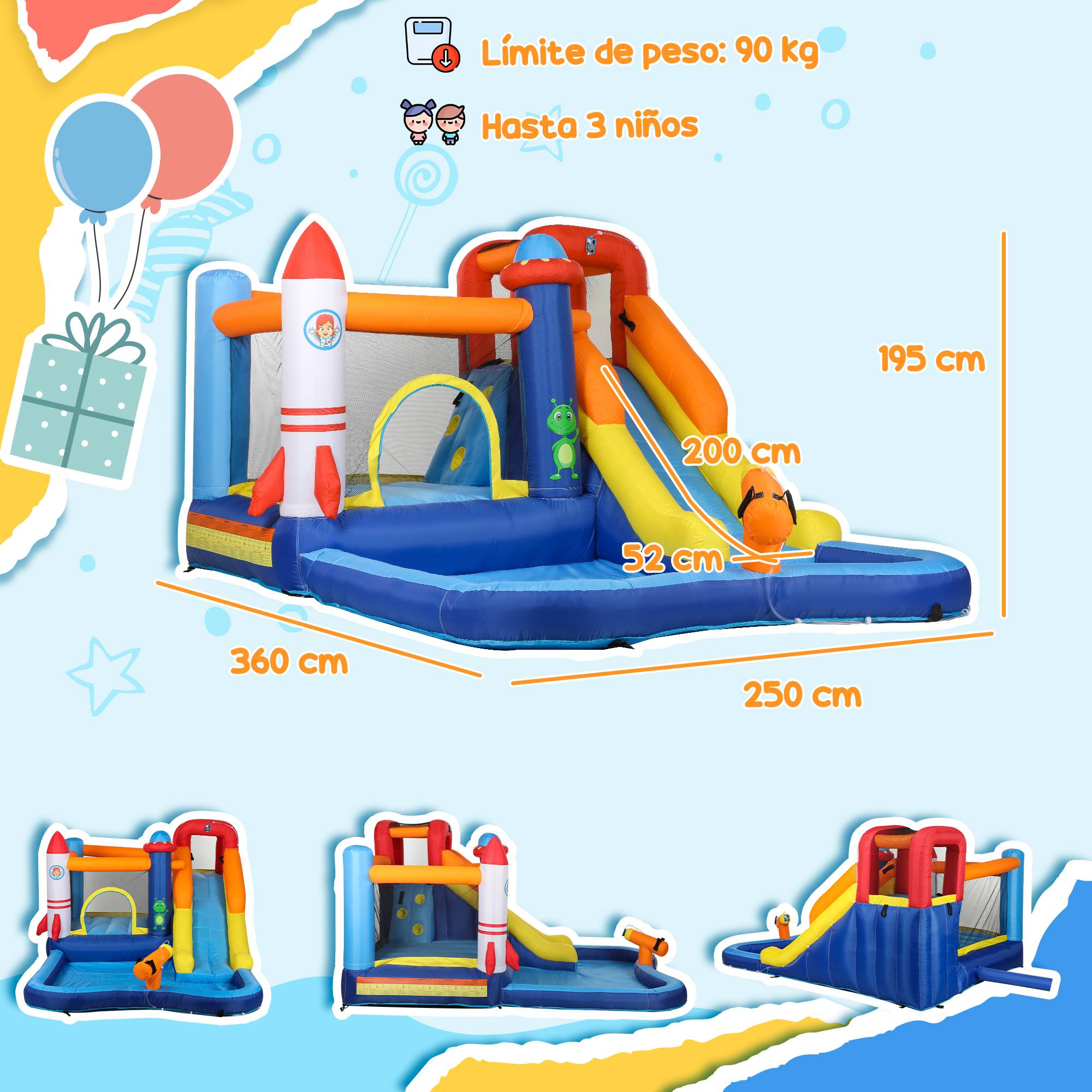 Château gonflable 5-en-1 toboggan pataugeoire canon à eau gonfleur 550W et sac de transport jeu aquatique - Image 5