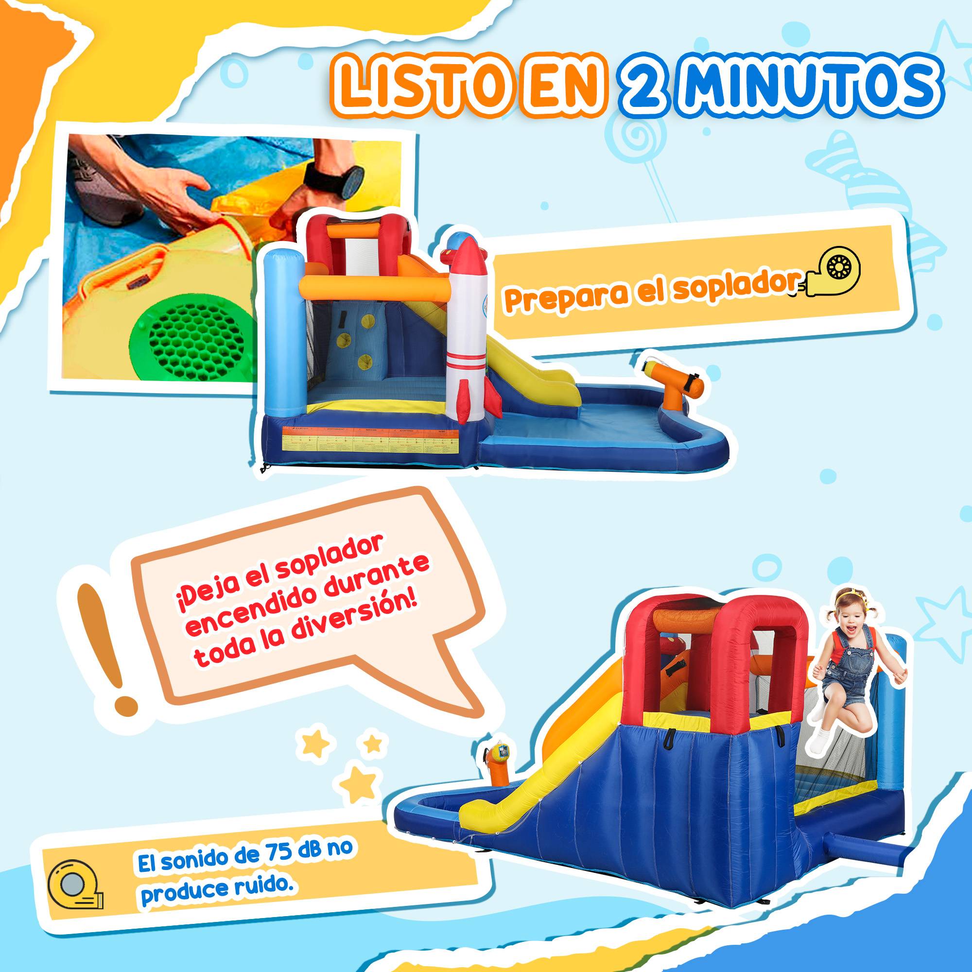 Château gonflable 5-en-1 toboggan pataugeoire canon à eau gonfleur 550W et sac de transport jeu aquatique - Image 9