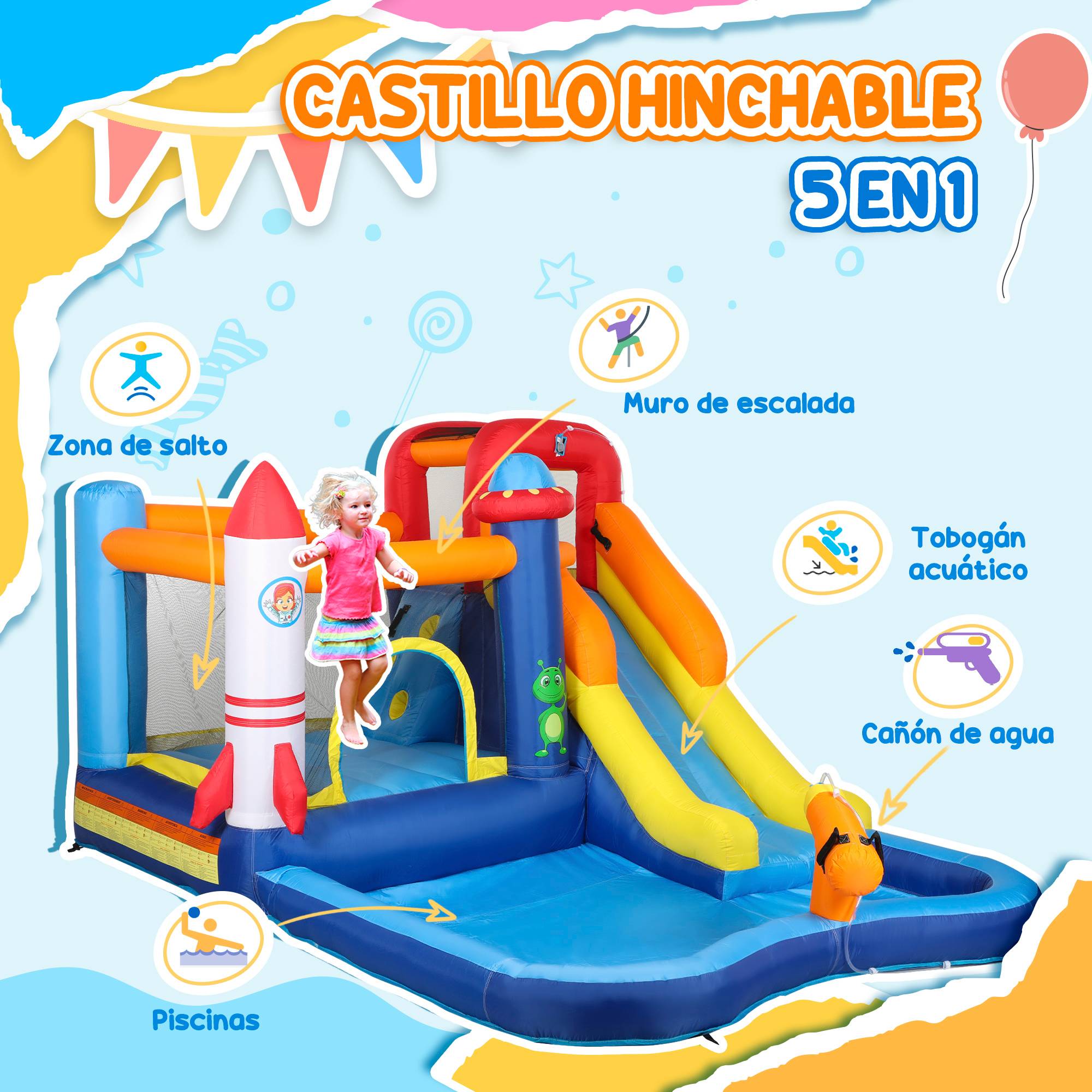 Château gonflable 5-en-1 toboggan pataugeoire canon à eau gonfleur 550W et sac de transport jeu aquatique - Image 6