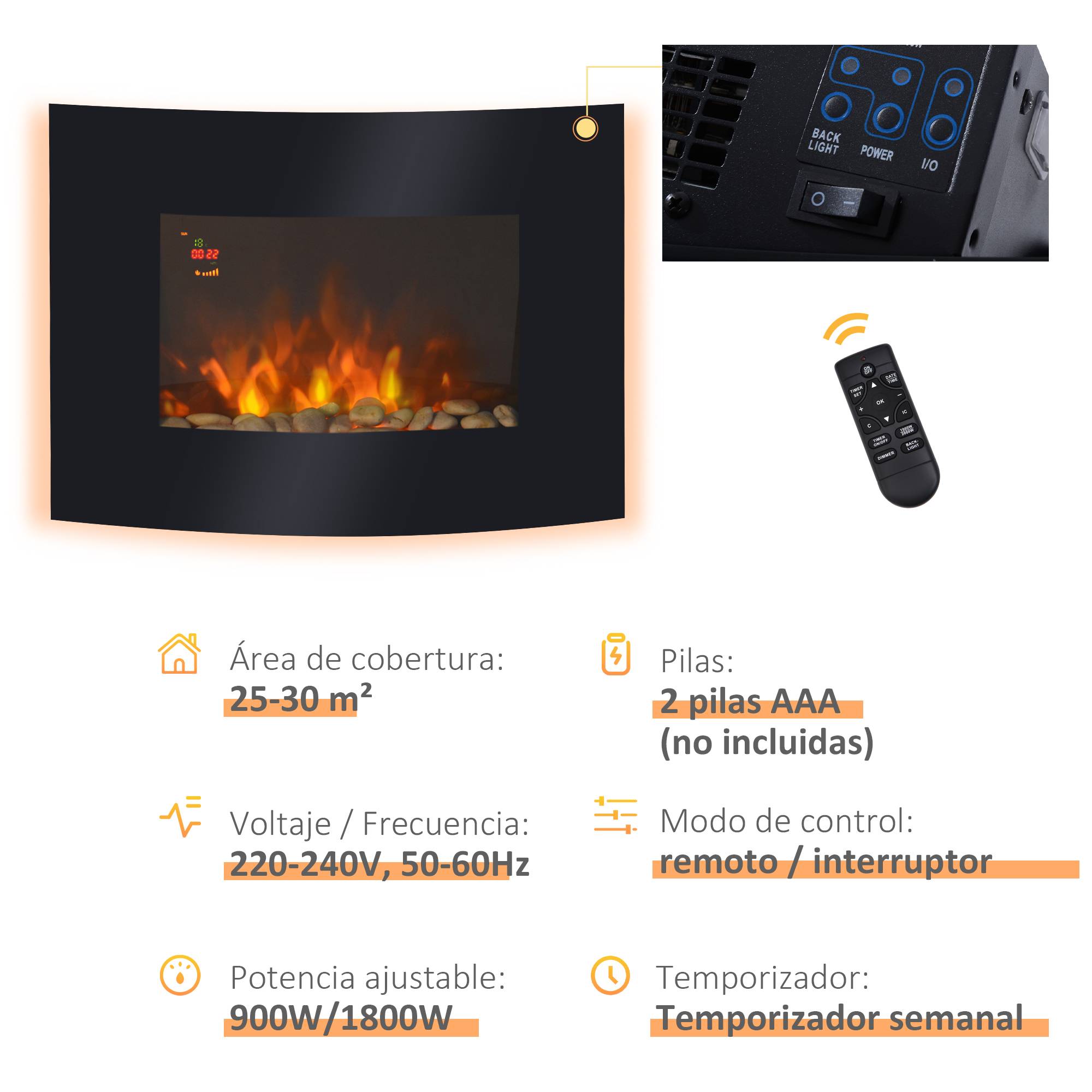 Cheminée électrique 900W/1800W murale, température réglable, flammes atmosphériques, télécommande 25-30 m² 65x11,4x52 cm noir - Image 10