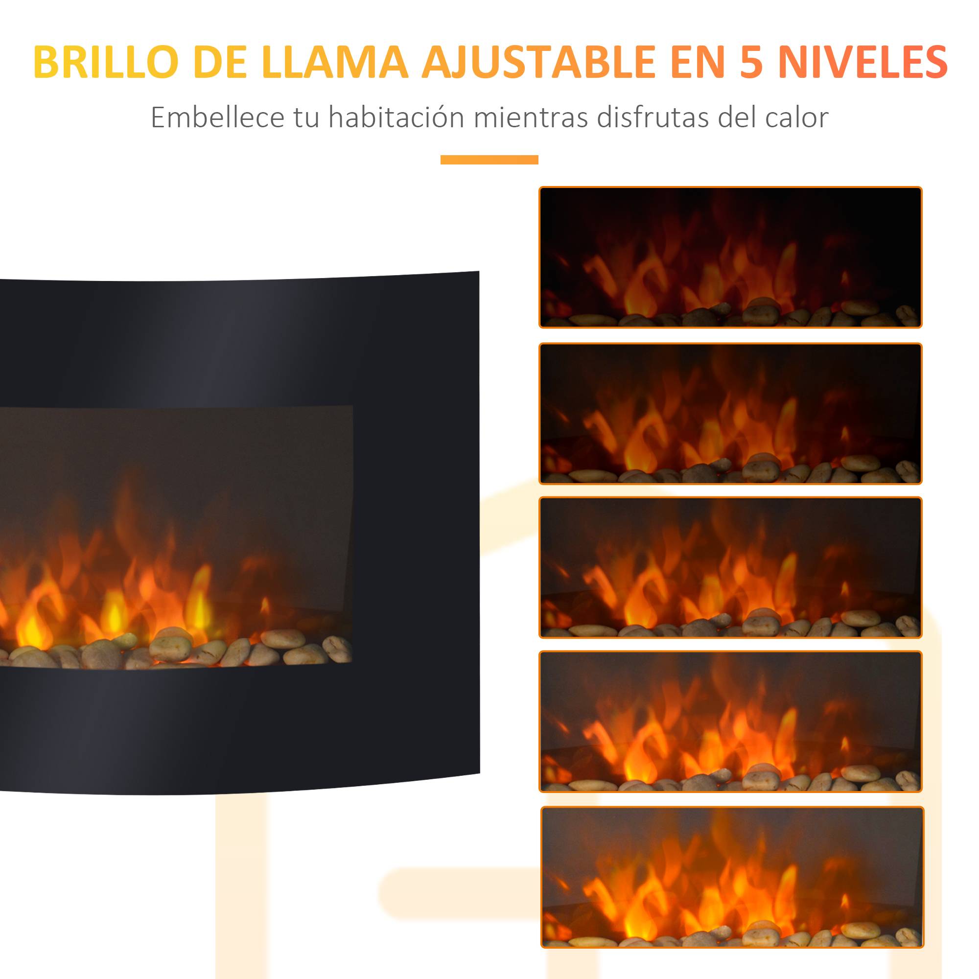 Cheminée électrique 900W/1800W murale, température réglable, flammes atmosphériques, télécommande 25-30 m² 65x11,4x52 cm noir - Image 8