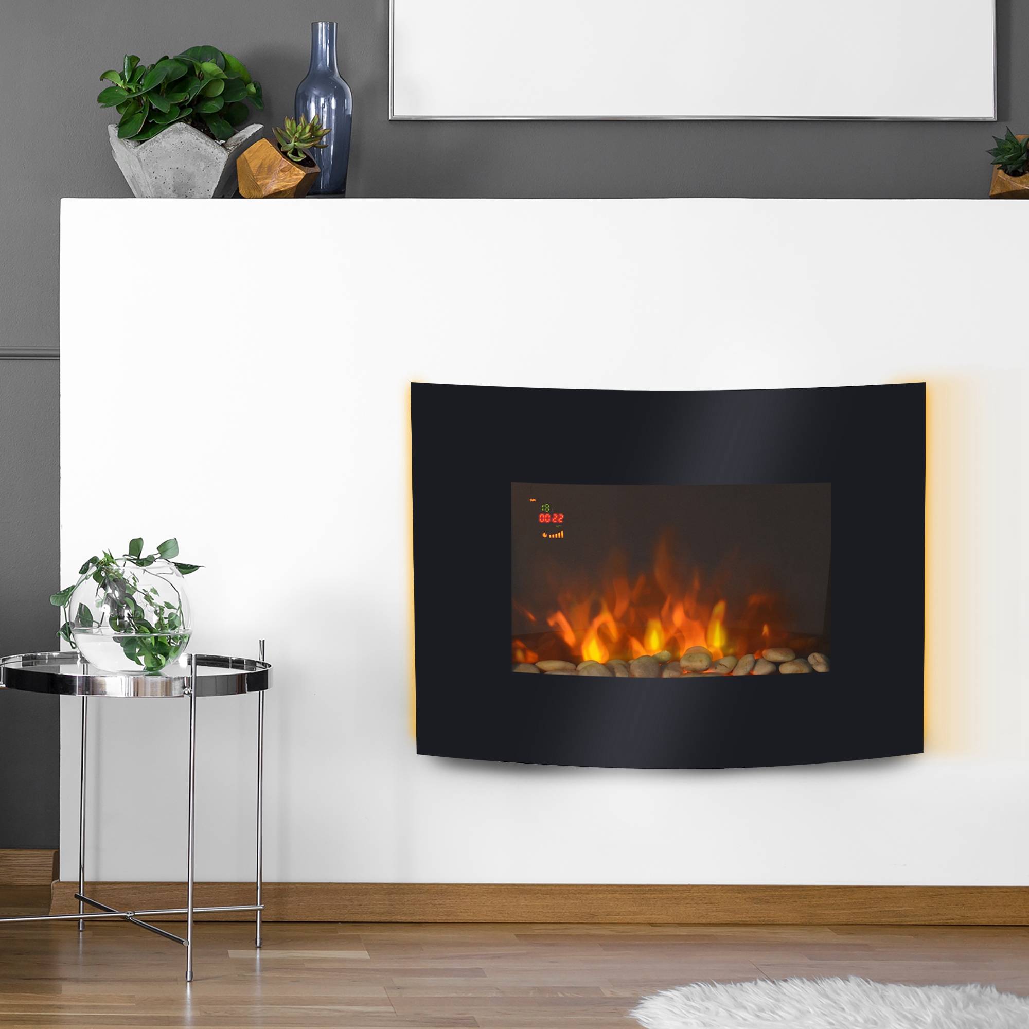 Cheminée électrique 900W/1800W murale, température réglable, flammes atmosphériques, télécommande 25-30 m² 65x11,4x52 cm noir - Image 4