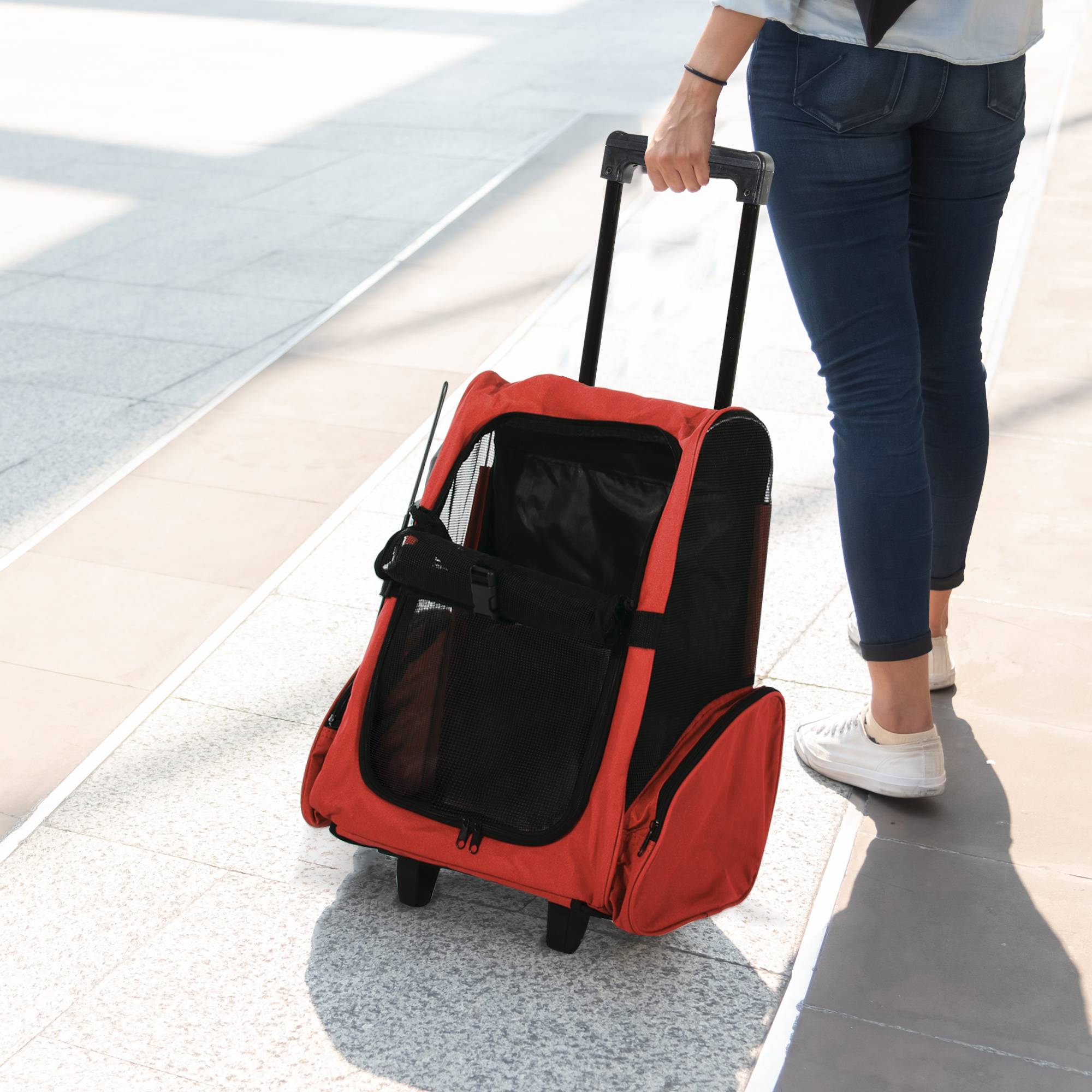 Sac à dos chariot transport chien chat tissu Oxford pour voyage 42x25x55 cm Rouge - ComfortXL Outdoor Living - Image 4