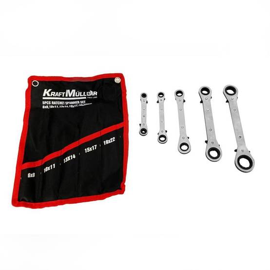 Ensemble de 5 clés à cliquet, 6-8, 10-11, 13-14, 15-17, 19-22 mm en Acier Chrome Vanadium, sous sacoche - Image 3