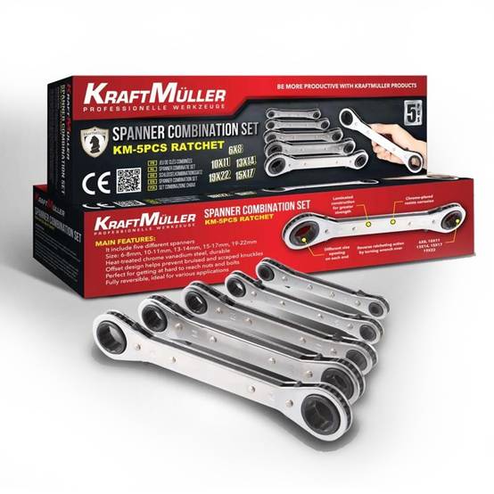 Ensemble de 5 clés à cliquet, 6-8, 10-11, 13-14, 15-17, 19-22 mm en Acier Chrome Vanadium, sous sacoche - Image 1