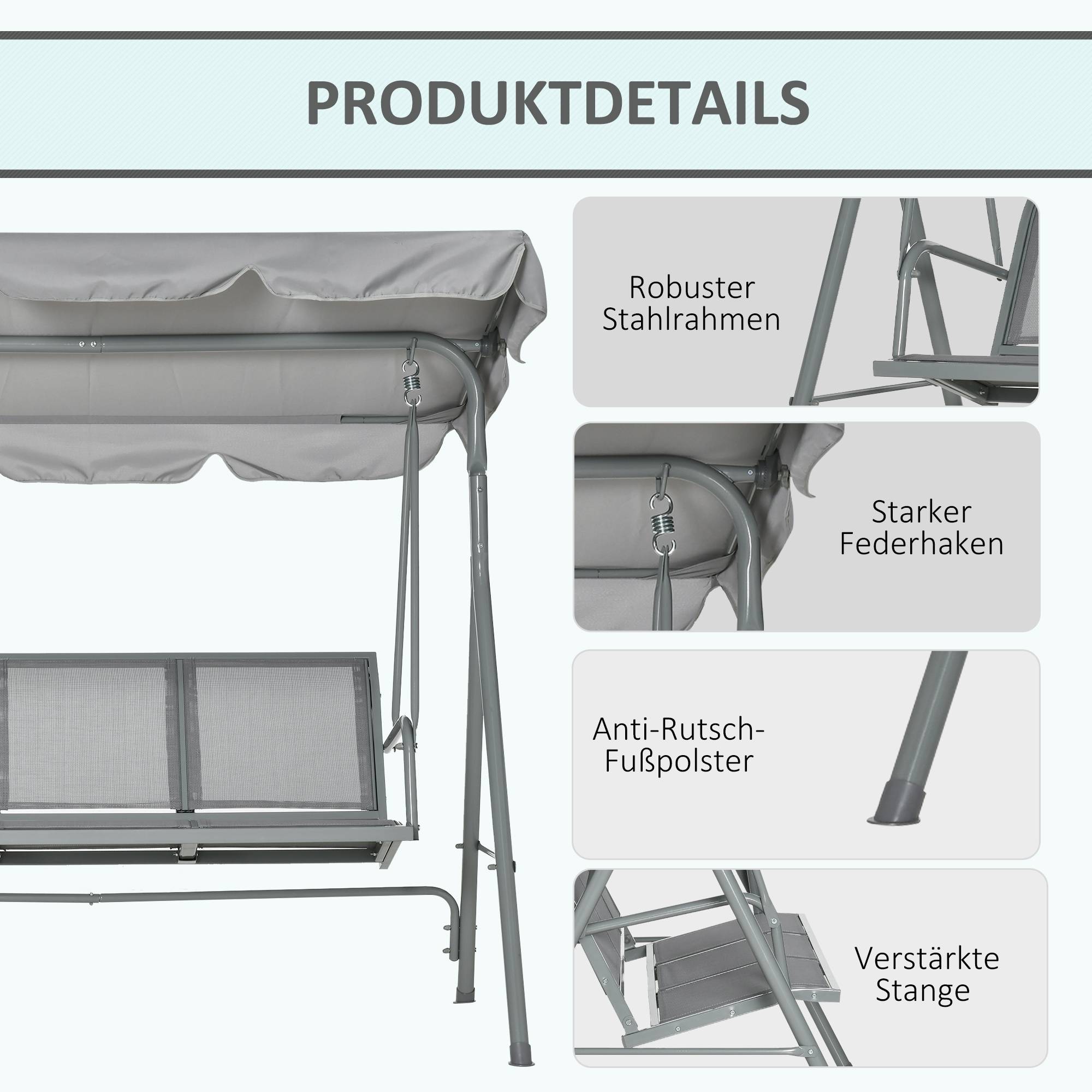 Balancelle 3 Places Acier Gris Toit Réglable 170x110x153cm Jardin - ComfortXL Outdoor Living - Image 6