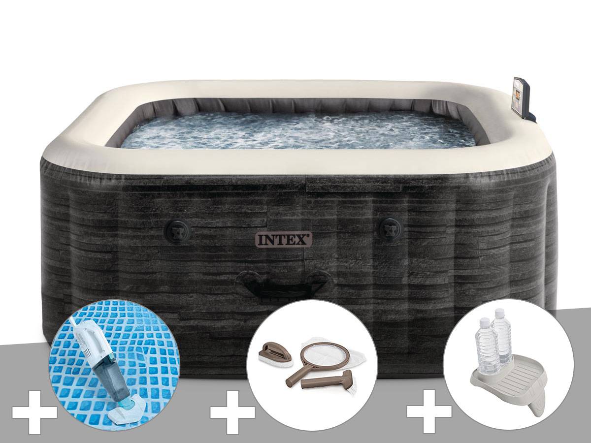 Kit spa gonflable Intex PureSpa Ardoise carré Bulles 4 places + Aspirateur + Kit d'entretien + Porte-verre