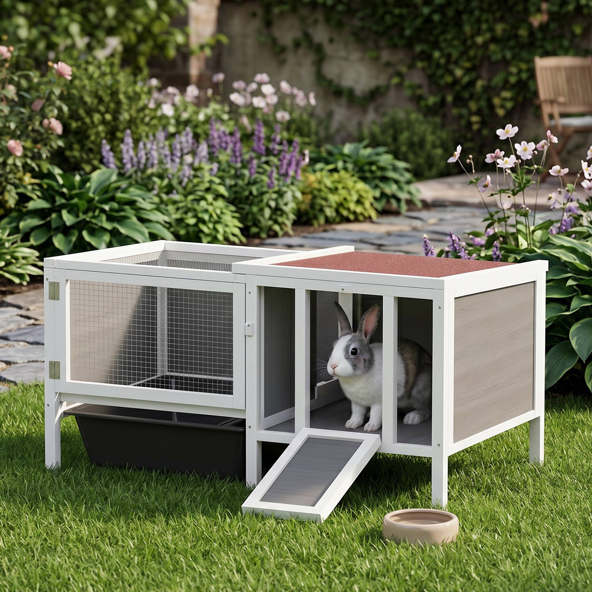 Sans Marque - Clapier extérieur lapin maison enclos bac bois/métal/PET 105x57,5x51,5 cm gris - Image 4