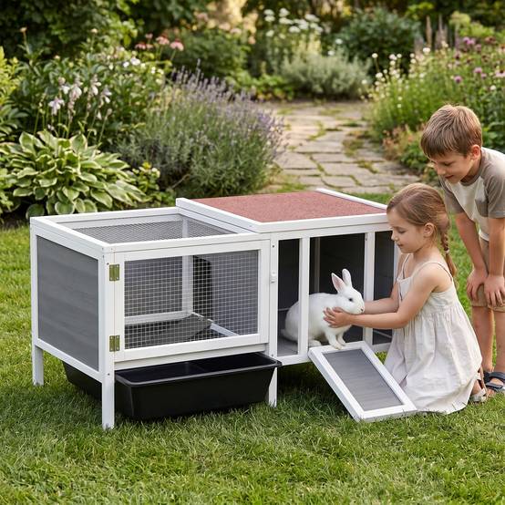 Sans Marque - Clapier extérieur lapin maison enclos bac bois/métal/PET 105x57,5x51,5 cm gris - Image 3