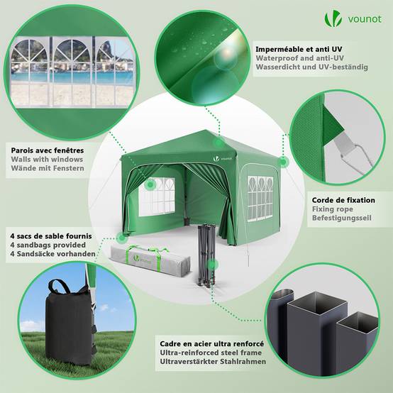 Vounot - VOUNOT® Tonnelle de jardin arquée 3x3m pliable avec porte et fenêtre amovible - Hauteur réglable - Imperméable et anti-UV - Vert - Image 5