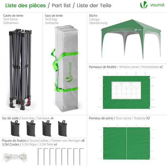 Vounot - VOUNOT® Tonnelle de jardin arquée 3x3m pliable avec porte et fenêtre amovible - Hauteur réglable - Imperméable et anti-UV - Vert - Image 2