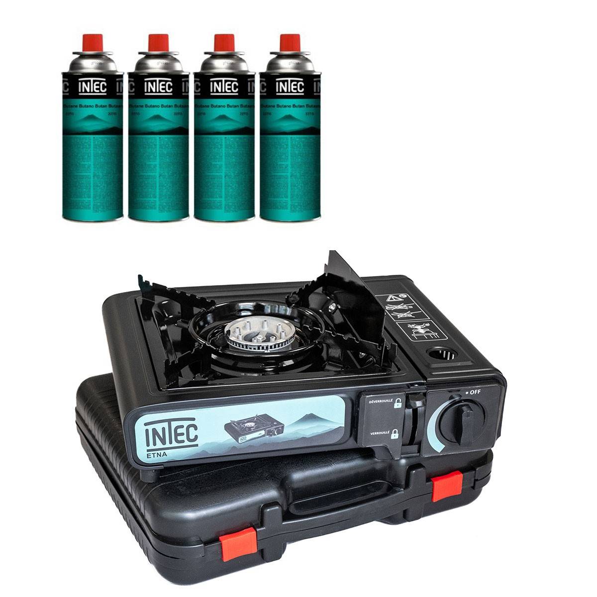 Réchaud à gaz 2200W + 4 Cartouches gaz butane Camping Road trips Piezo Mallette Etna INTEC - Imagen 1