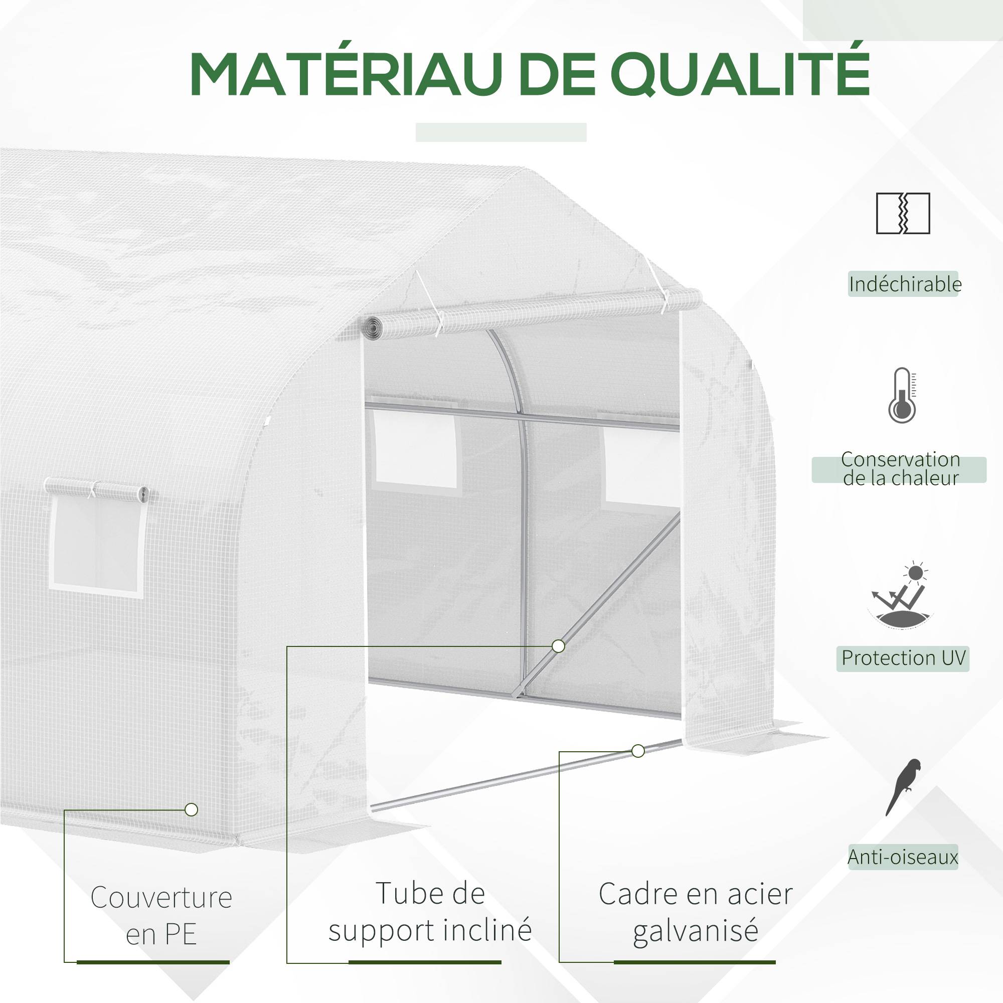 Serre Tunnel de Jardin 10,5 m² dim. 3,5L x 3l x 2H m Porte + 6 fenêtres enroulables Acier galvanisé bâche PE Haute densité Blanc - Image 6