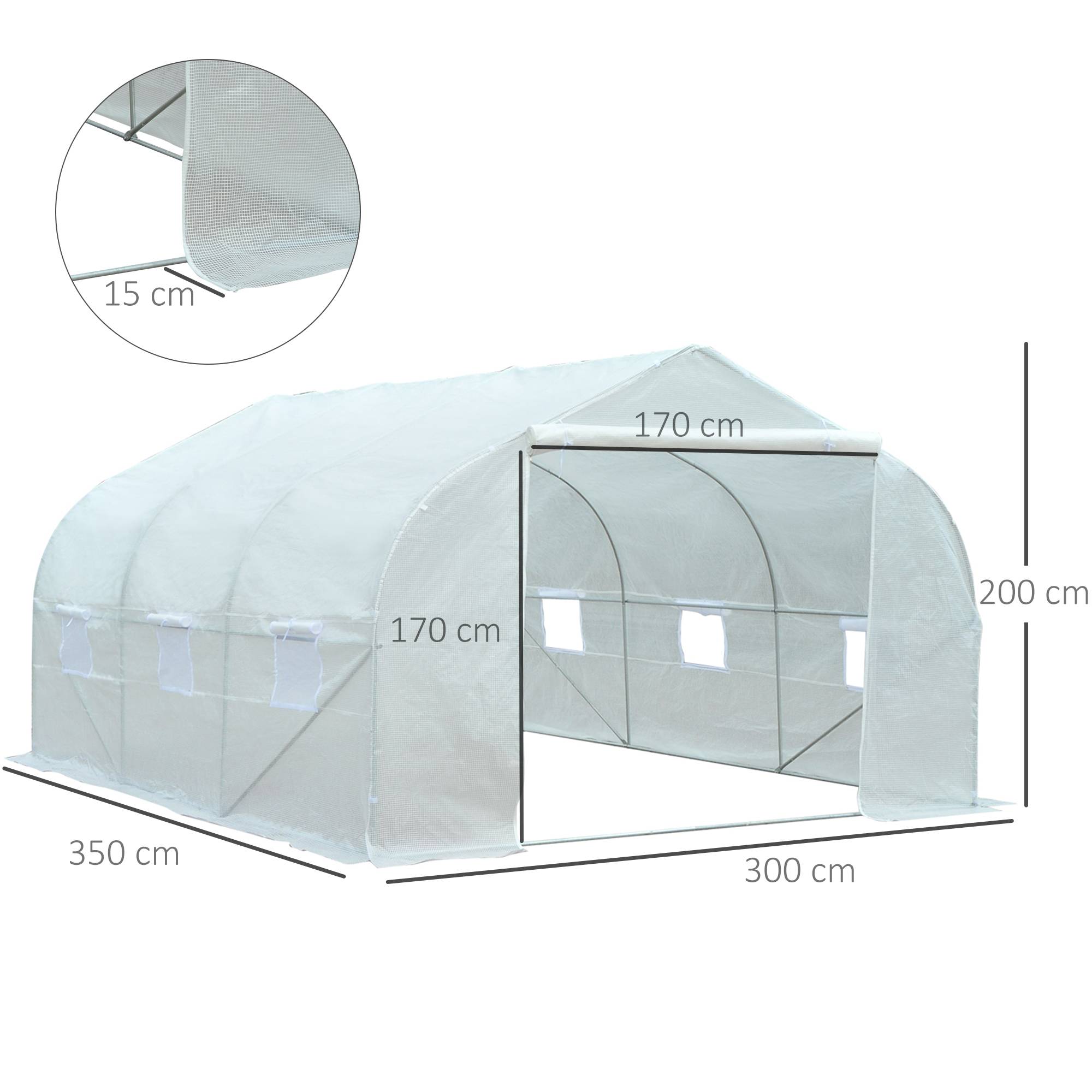 Serre Tunnel de Jardin 10,5 m² dim. 3,5L x 3l x 2H m Porte + 6 fenêtres enroulables Acier galvanisé bâche PE Haute densité Blanc - Image 5