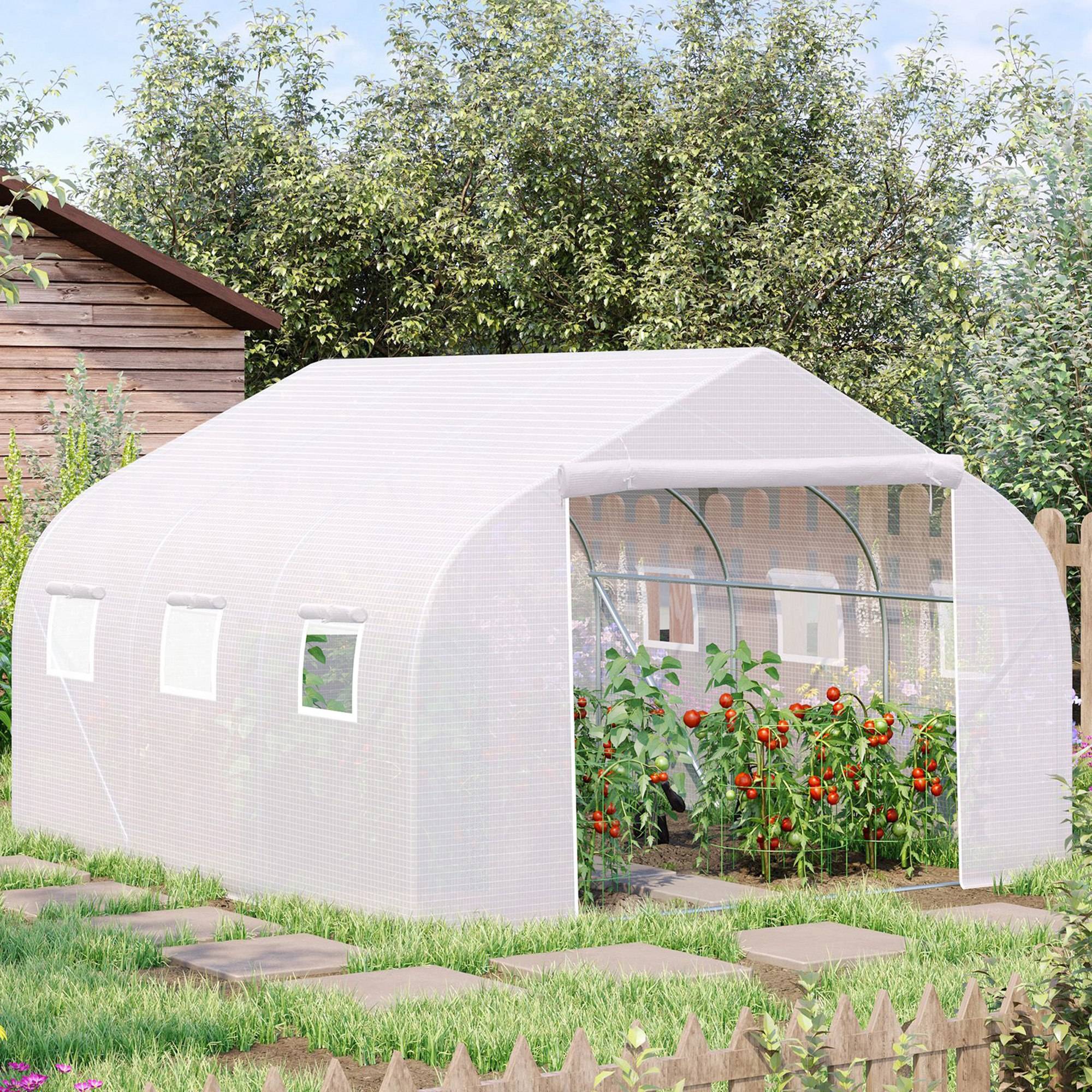 Serre Tunnel de Jardin 10,5 m² dim. 3,5L x 3l x 2H m Porte + 6 fenêtres enroulables Acier galvanisé bâche PE Haute densité Blanc - Image 3