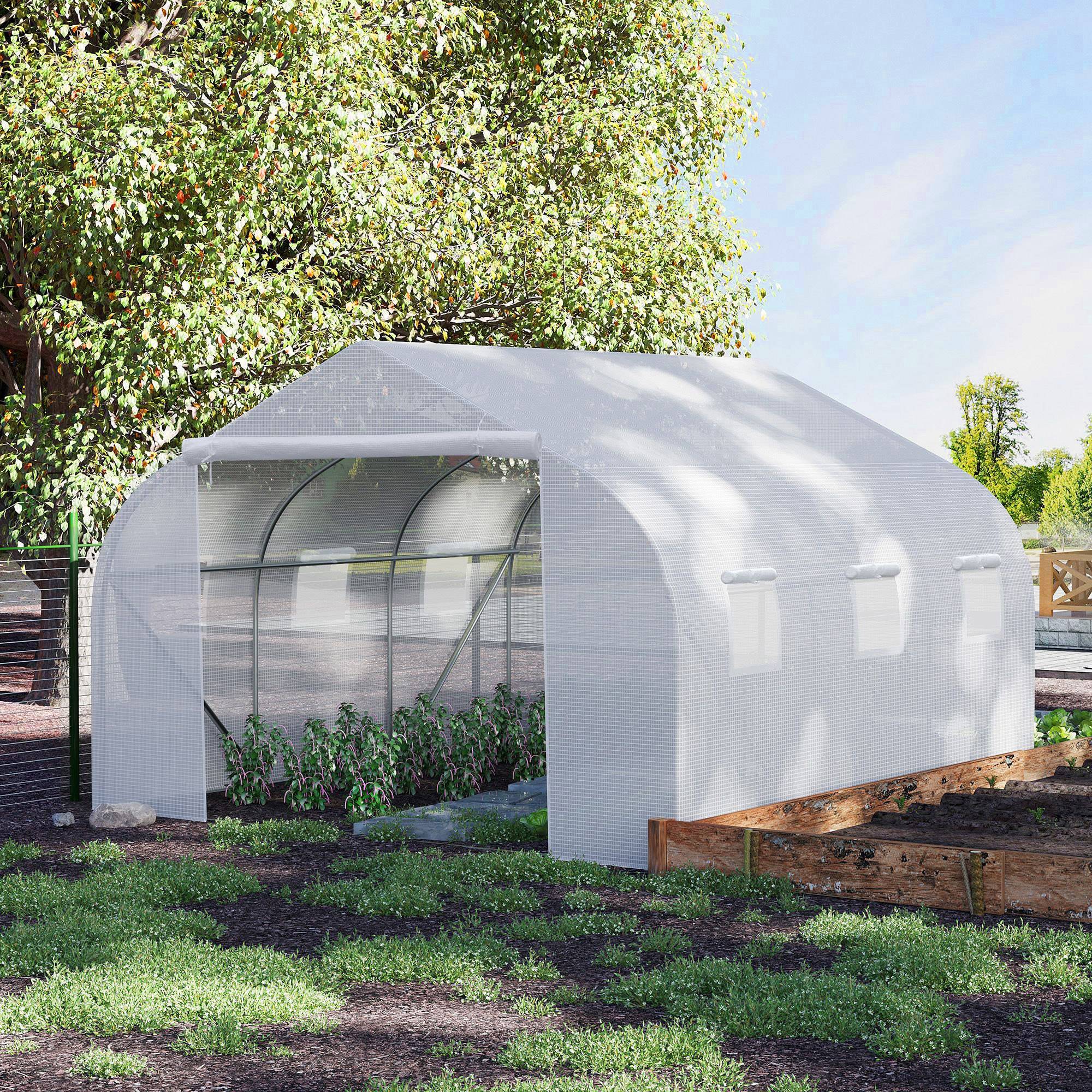 Serre Tunnel de Jardin 10,5 m² dim. 3,5L x 3l x 2H m Porte + 6 fenêtres enroulables Acier galvanisé bâche PE Haute densité Blanc - Image 4