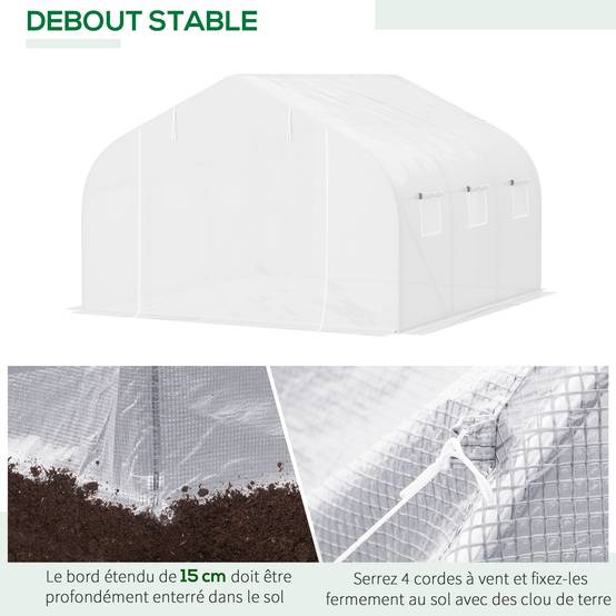 Serre Tunnel de Jardin 10,5 m² dim. 3,5L x 3l x 2H m Porte + 6 fenêtres enroulables Acier galvanisé bâche PE Haute densité Blanc - Image 7