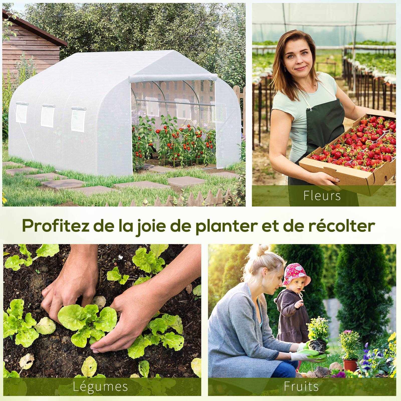 Serre Tunnel de Jardin 10,5 m² dim. 3,5L x 3l x 2H m Porte + 6 fenêtres enroulables Acier galvanisé bâche PE Haute densité Blanc - Image 9