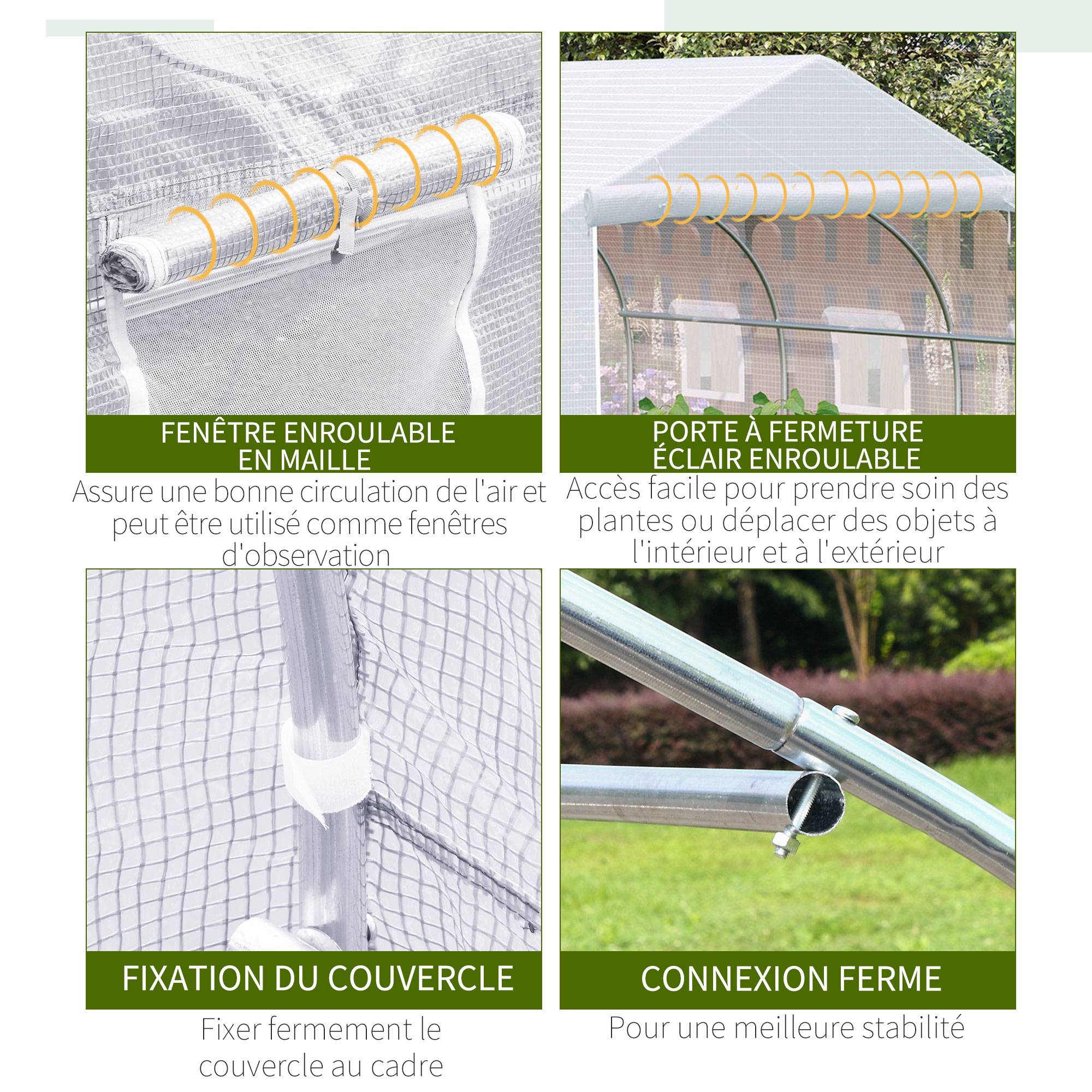 Serre Tunnel de Jardin 10,5 m² dim. 3,5L x 3l x 2H m Porte + 6 fenêtres enroulables Acier galvanisé bâche PE Haute densité Blanc - Image 8