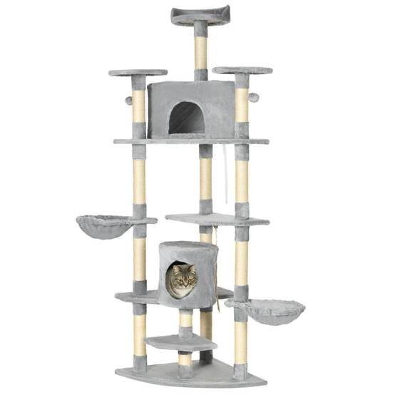 Arbre à chat XXL de 200 cm avec niches et hamacs, robuste pour les grands chats, gris clair - Image 1