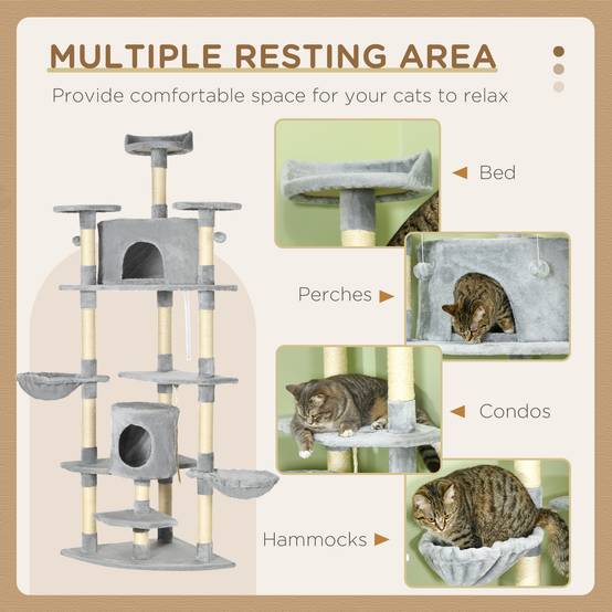 Arbre à chat XXL de 200 cm avec niches et hamacs, robuste pour les grands chats, gris clair - Image 4