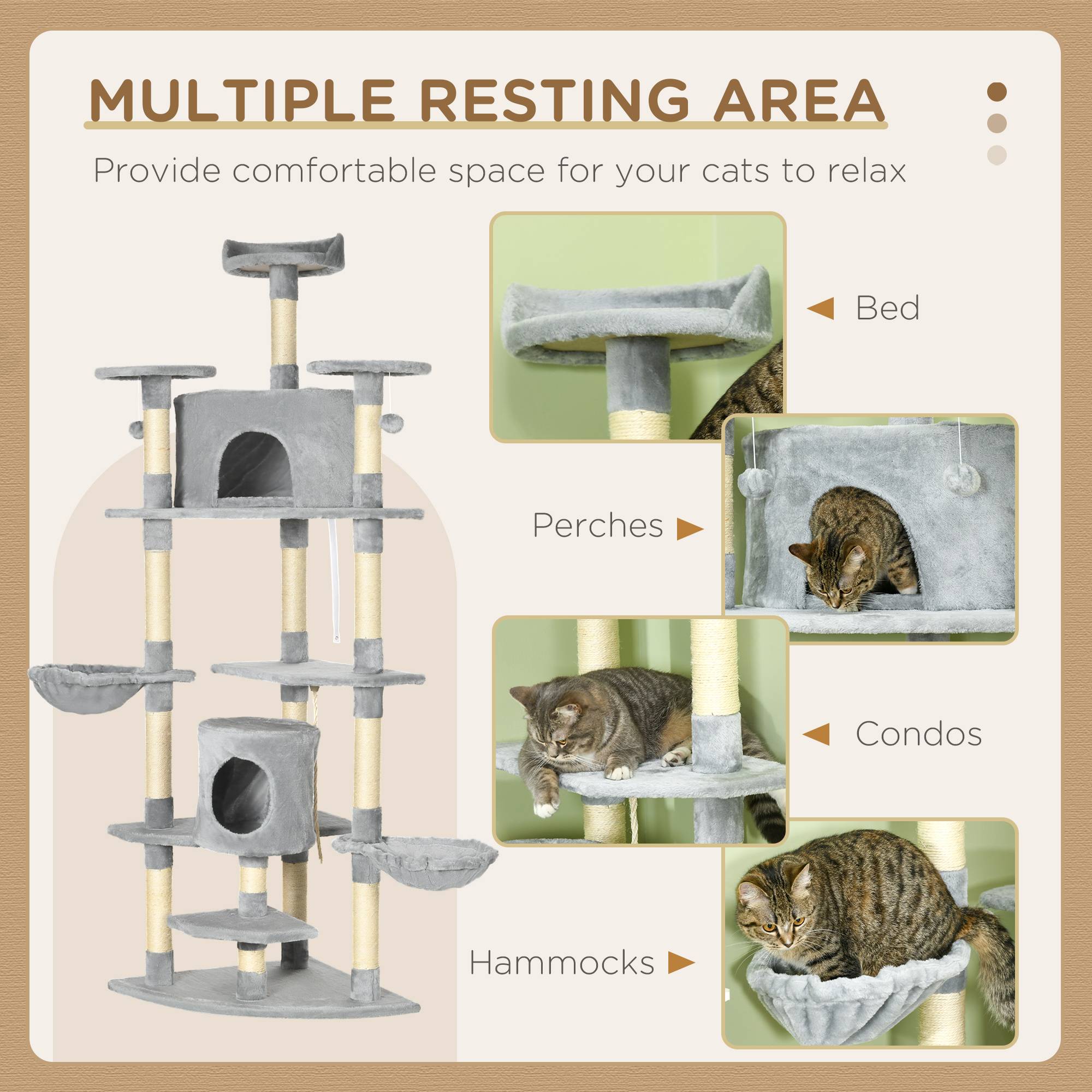 Arbre à chat XXL de 200 cm avec niches et hamacs, robuste pour les grands chats, gris clair - Image 4