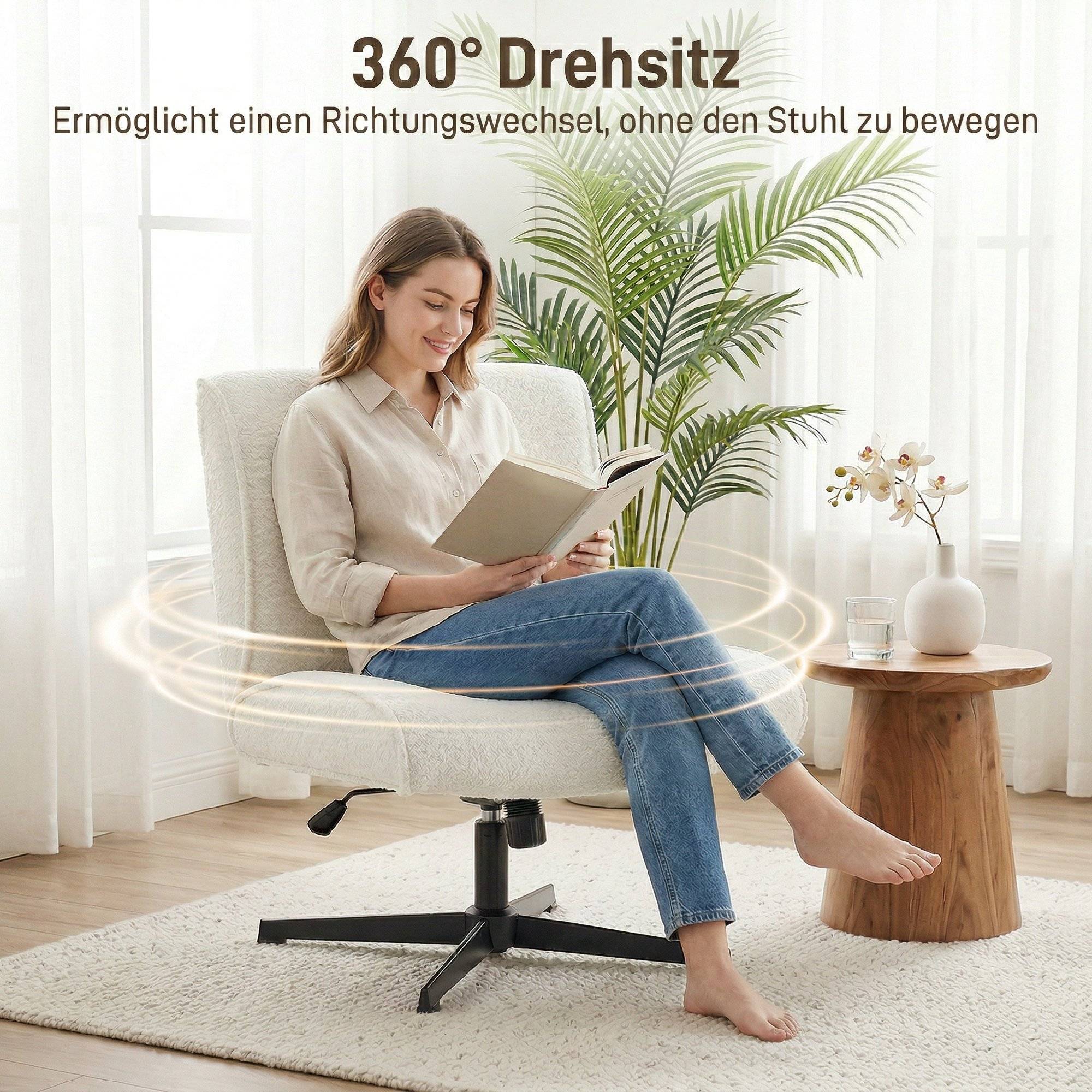 Fauteuil pivotant d'appoint, fauteuil lounge en velours avec réglage en hauteur pour salon, bureau, blanc crème - Image 8