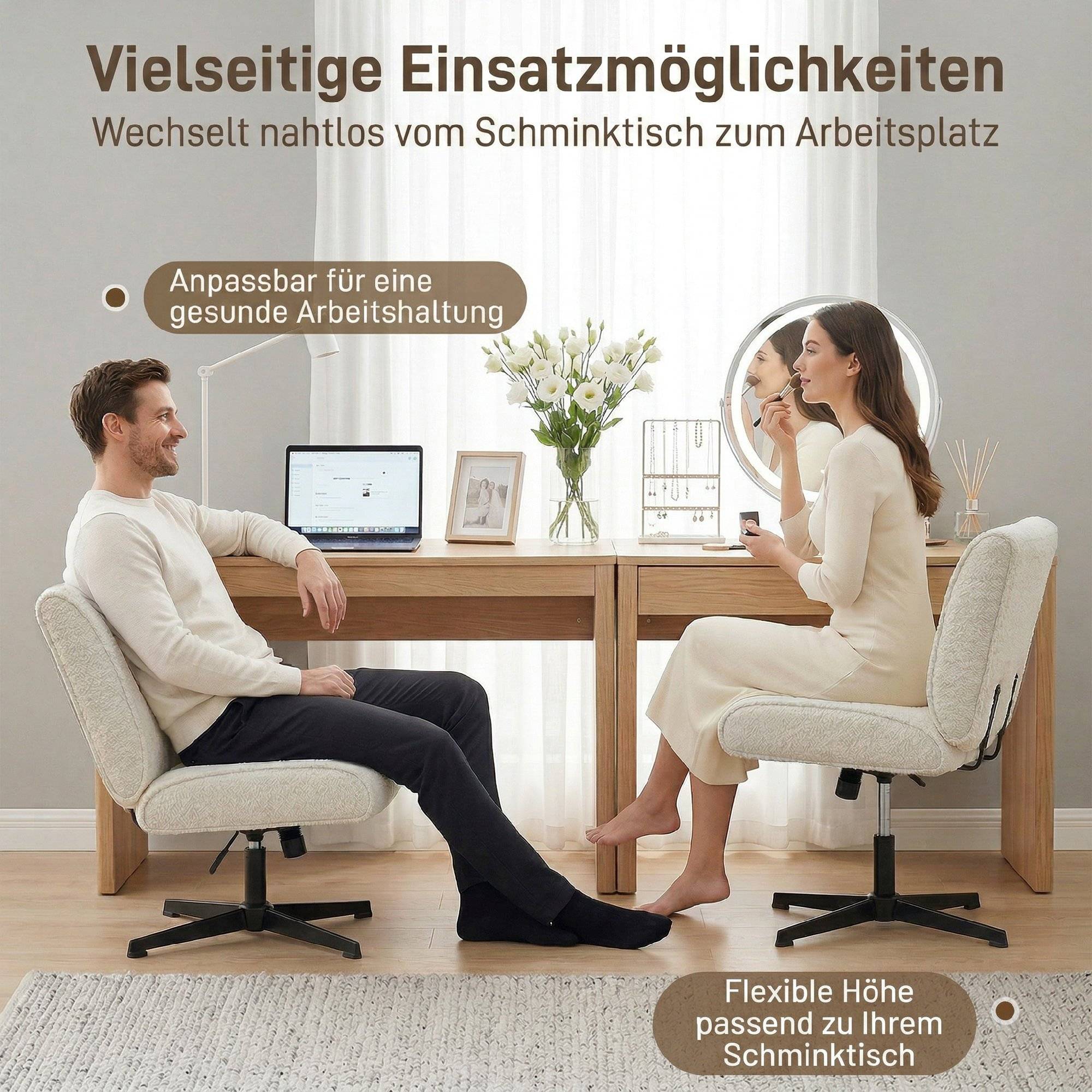 Fauteuil pivotant d'appoint, fauteuil lounge en velours avec réglage en hauteur pour salon, bureau, blanc crème - Image 9