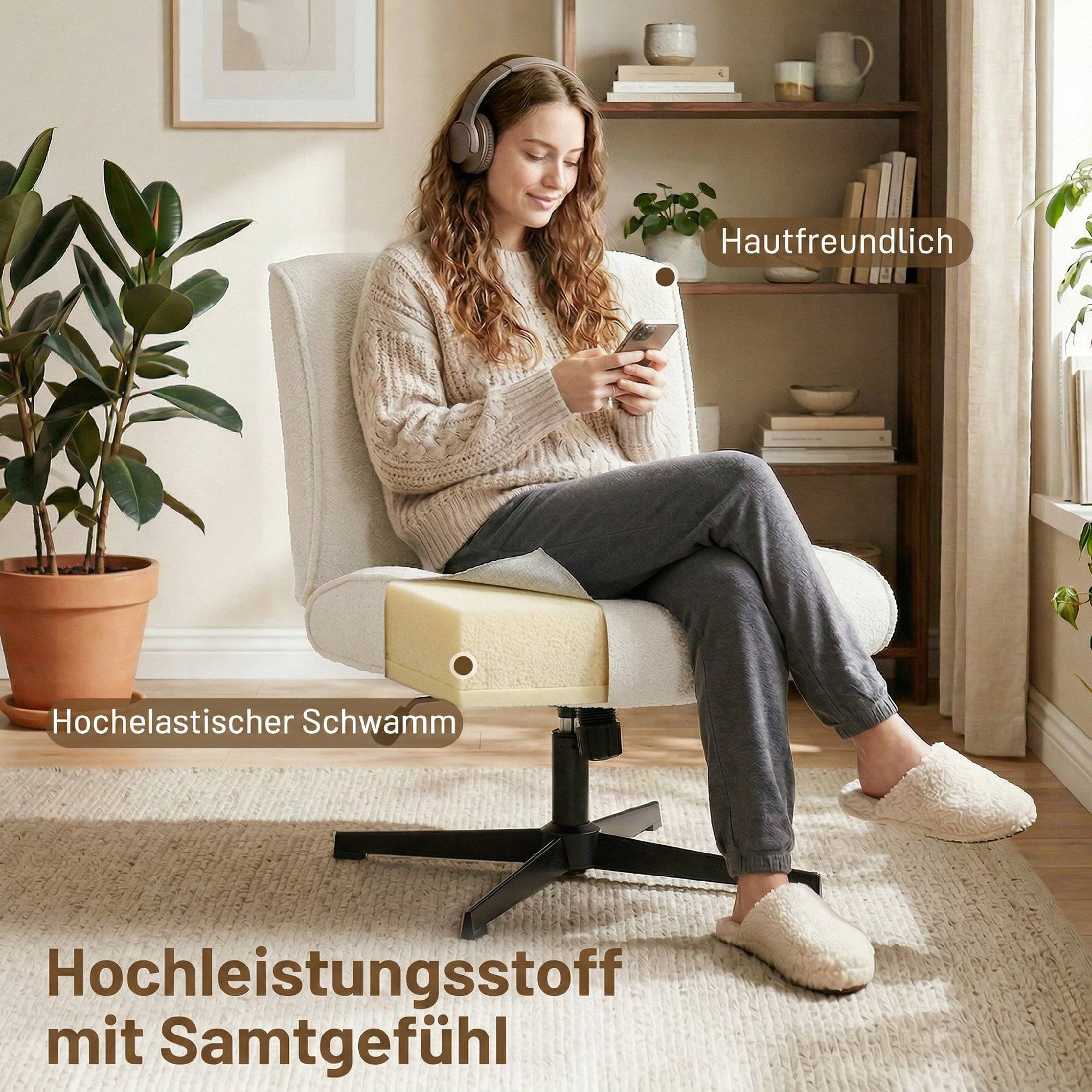 Fauteuil pivotant d'appoint, fauteuil lounge en velours avec réglage en hauteur pour salon, bureau, blanc crème - Image 6
