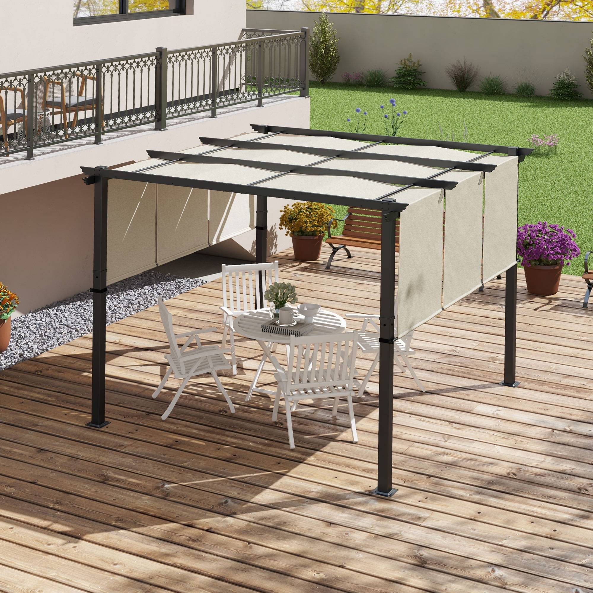 Outsunny - Pergola avec 3 toiles coulissantes - 3 x 3 x 2,38 m - structure acier noir toile polyester haute densité - beige - Outsunny - Image 4