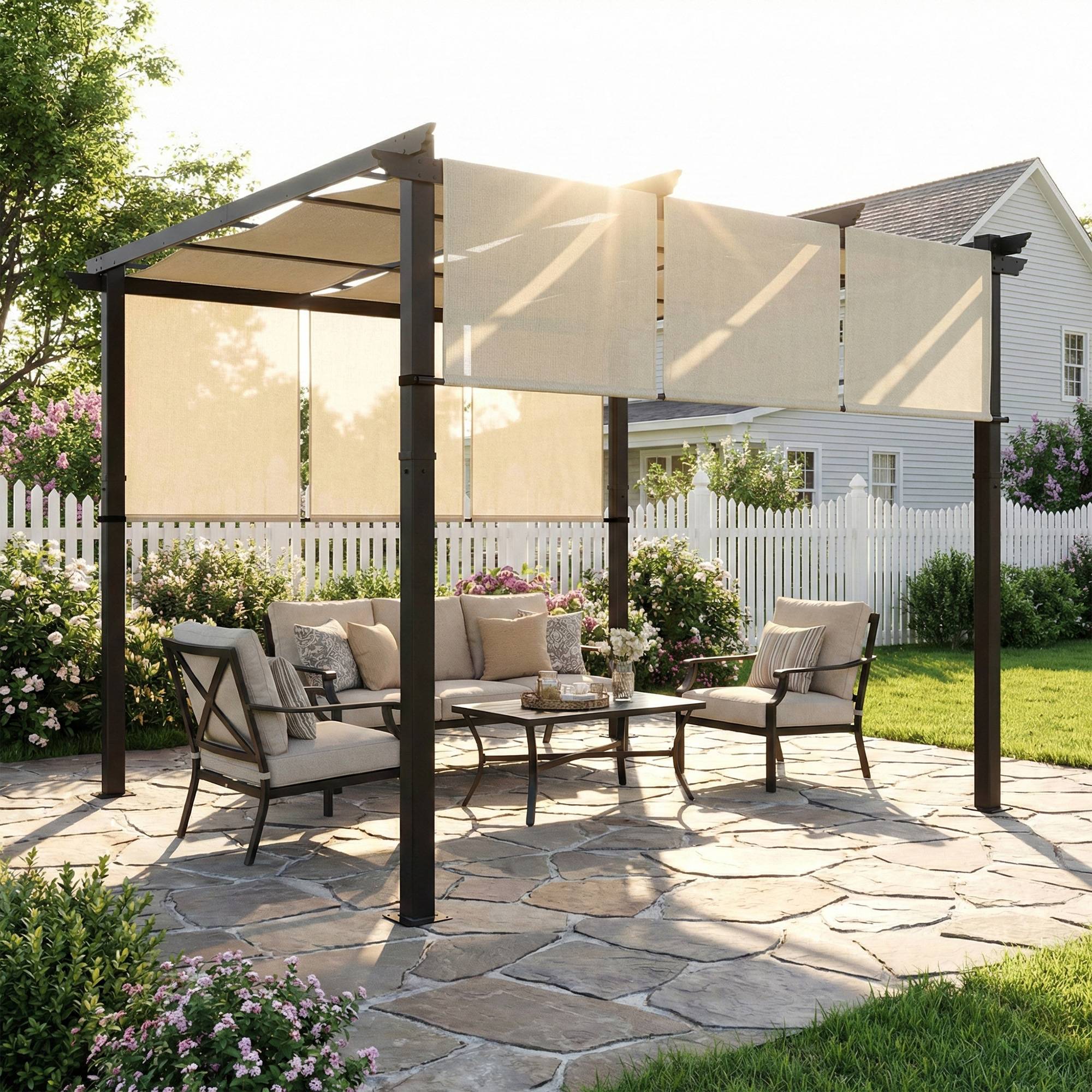 Outsunny - Pergola avec 3 toiles coulissantes  - 3 x 3 x 2,38 m  - structure acier noir toile polyester haute densité  - beige - Outsunny - Image 6