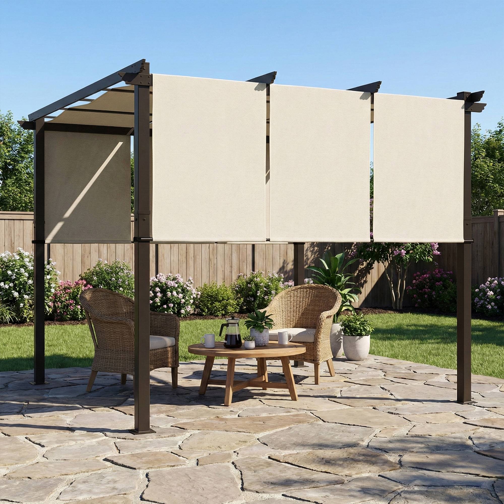 Outsunny - Pergola avec 3 toiles coulissantes  - 3 x 3 x 2,38 m  - structure acier noir toile polyester haute densité  - beige - Outsunny - Image 2