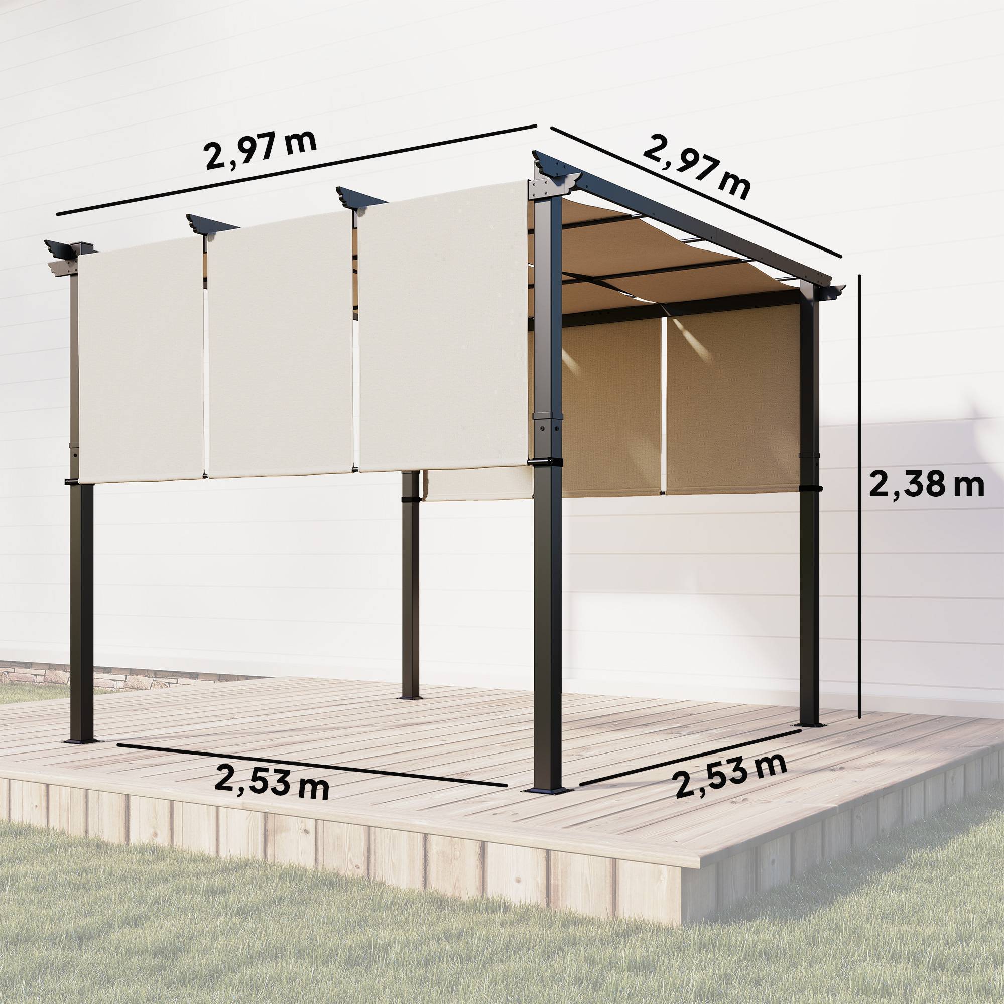 Outsunny - Pergola avec 3 toiles coulissantes  - 3 x 3 x 2,38 m  - structure acier noir toile polyester haute densité  - beige - Outsunny - Image 3