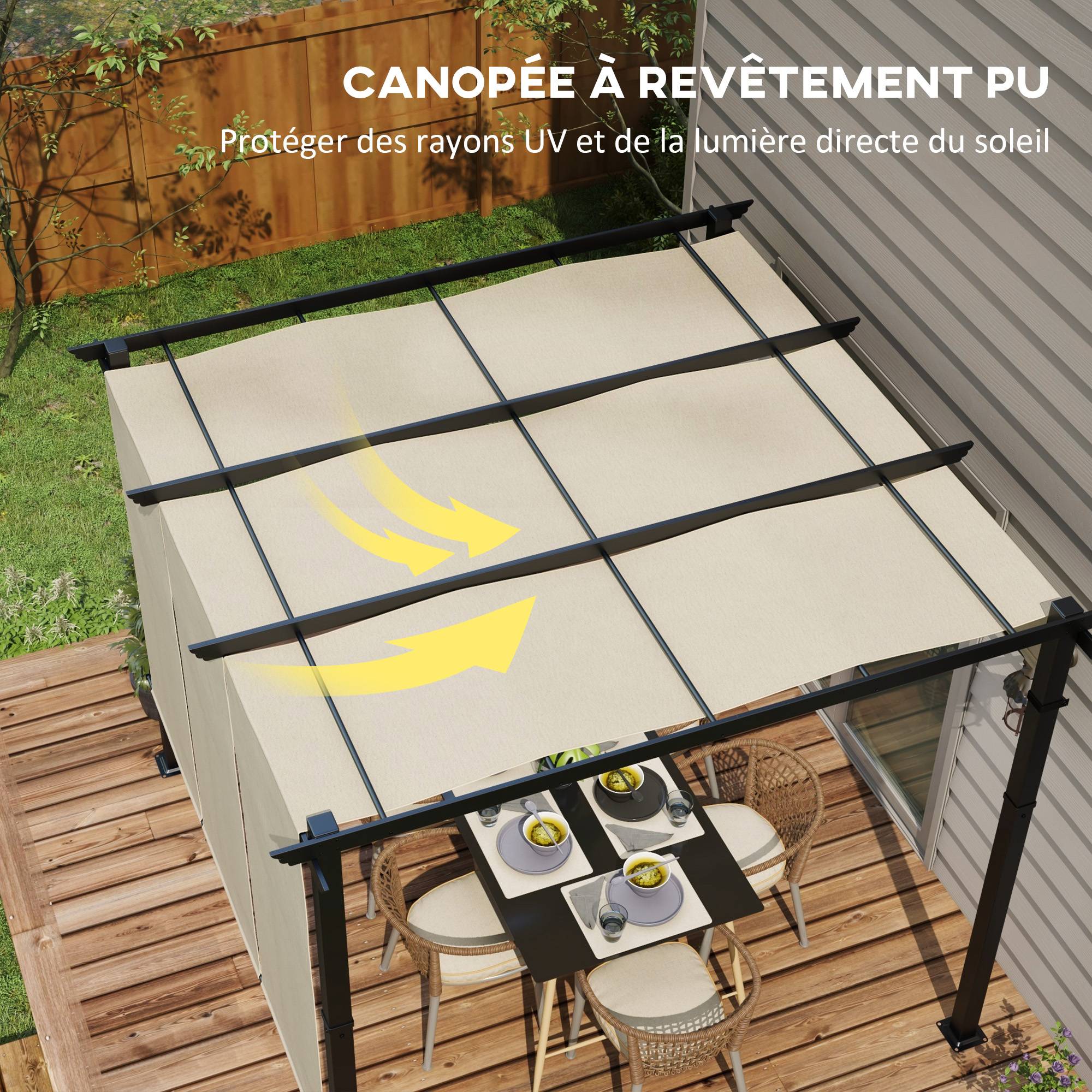 Outsunny - Pergola avec 3 toiles coulissantes  - 3 x 3 x 2,38 m  - structure acier noir toile polyester haute densité  - beige - Outsunny - Image 8