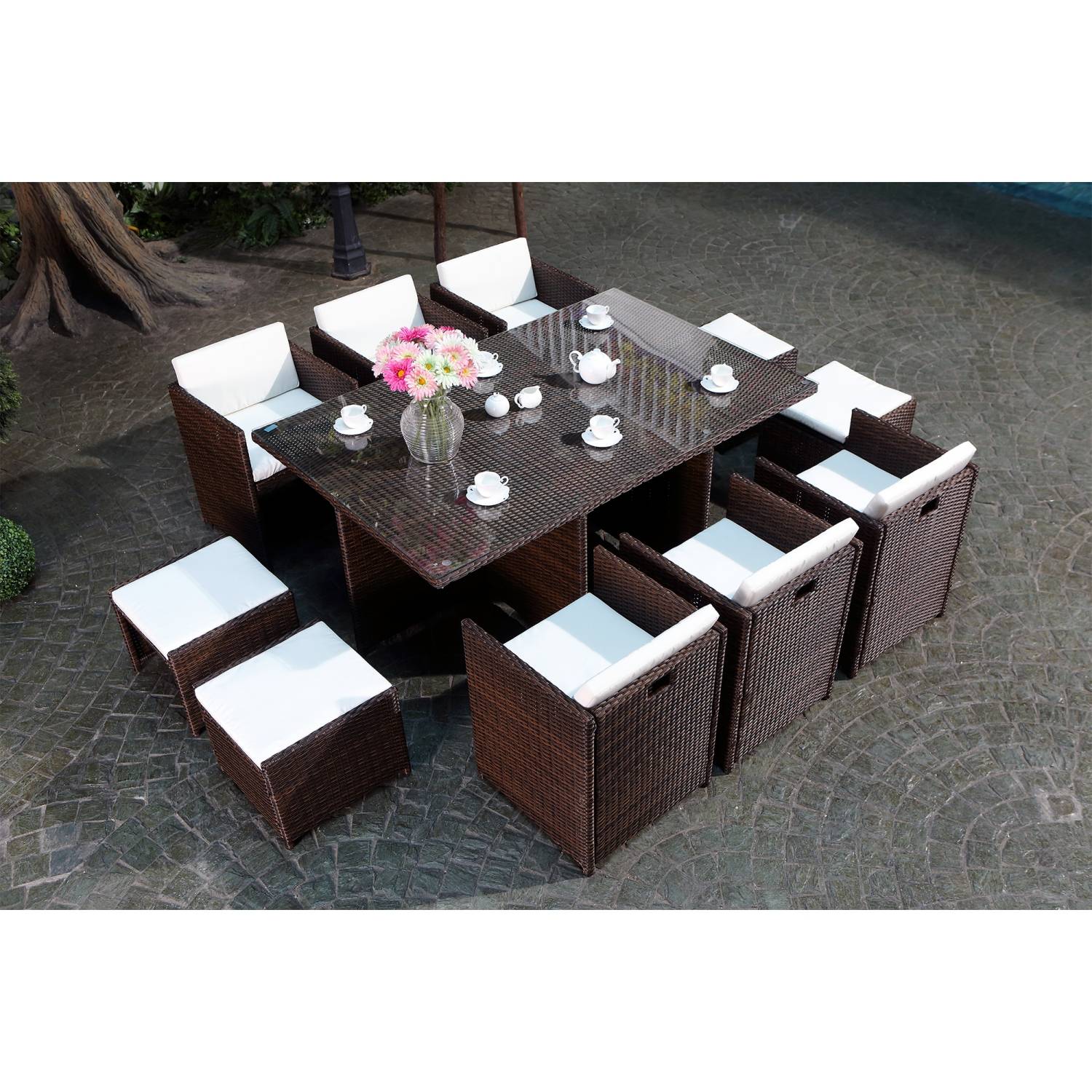 Salon de jardin 10 places marron-blanc + housse de protection MIAMI - Image 3