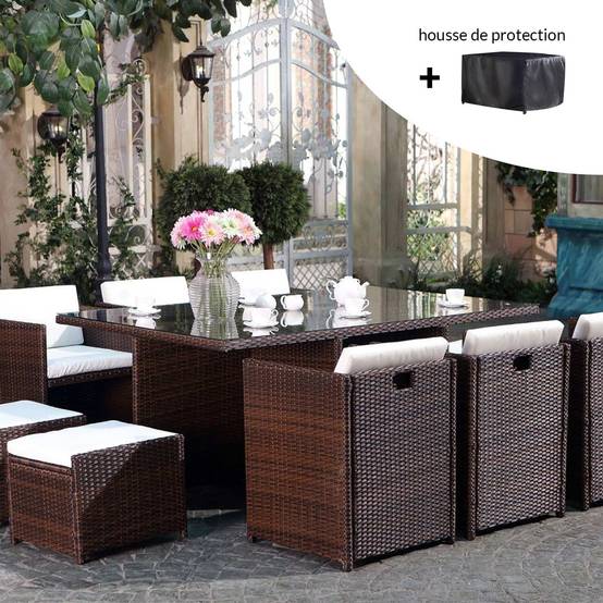 Salon de jardin 10 places marron-blanc + housse de protection MIAMI - Image 2